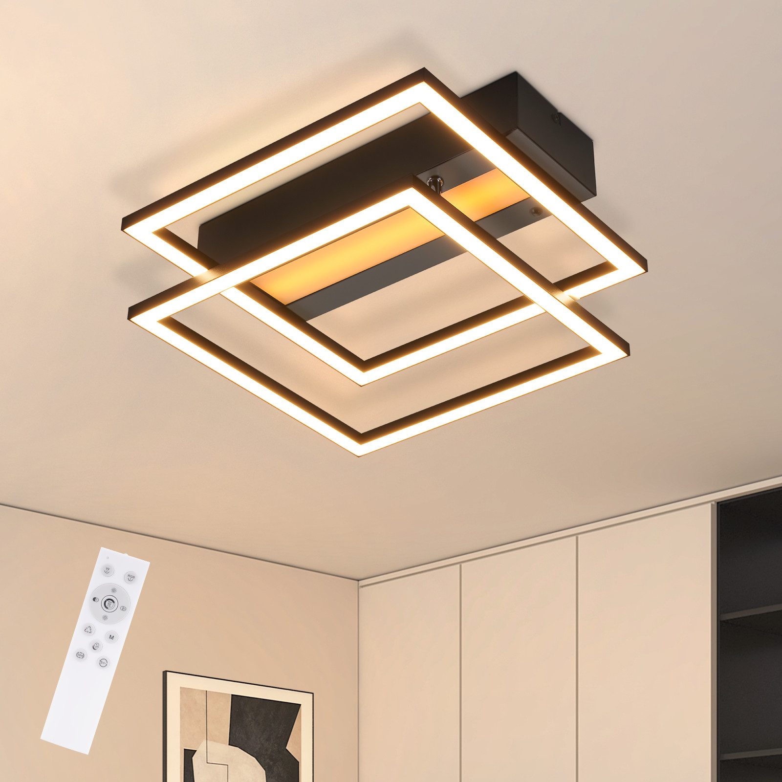 NETTLIFE Lampa sufitowa LED do salonu, 2 ramki, czarna, nowoczesna, kwadratowa, ściemnialna, idealna do przedpokoju
