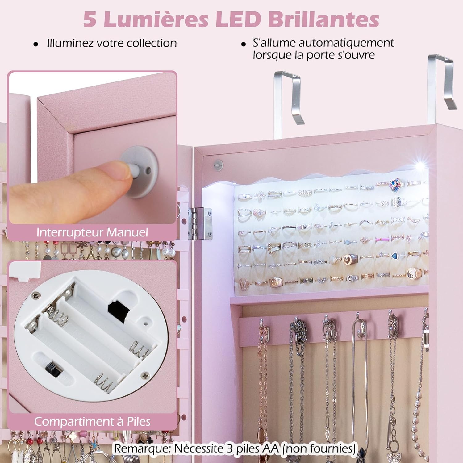Armoire à Bijoux Mural avec Miroir et Lumière LED, Armoire de Rangement Mural, Accrochée à la Porte avec Serrure (Rose,Tiroir Nomal) - 3