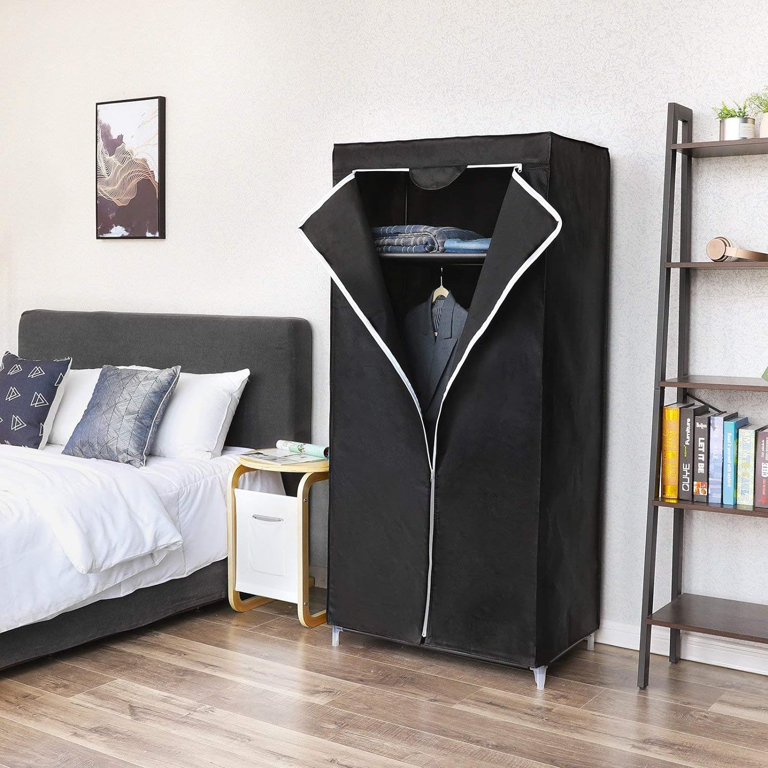 Armoire en Tissu, Penderie Pliante avec Tringle de Suspension, Dressing Simple, Organiseur pour Jouets, Chaussures, Sacs, Salon, 75 x 45 x 160cm, Noir - 2