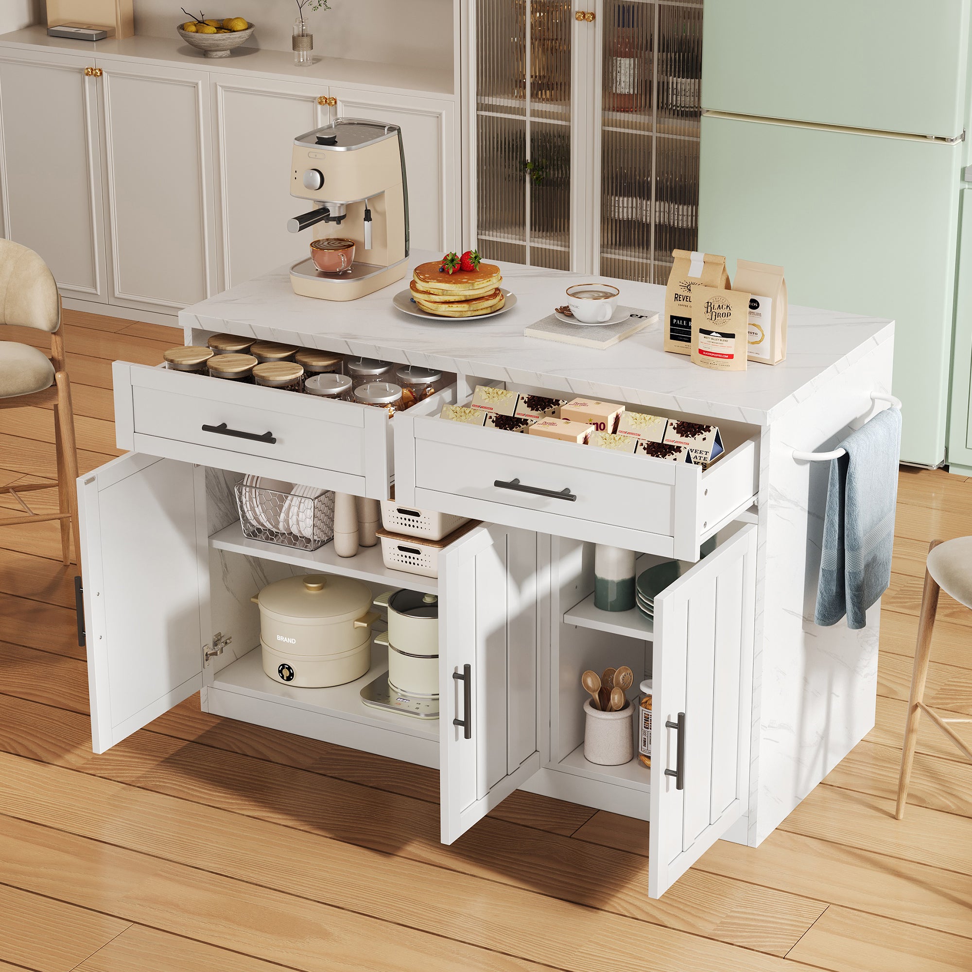 Îlot De Cuisine Avec Tiroirs Et Plan De Travail, Desserte De Cuisine Multifonction Avec Espace Repas Extensible 112 180 5 X 45 X 92 2 Cm Noyer 97232188