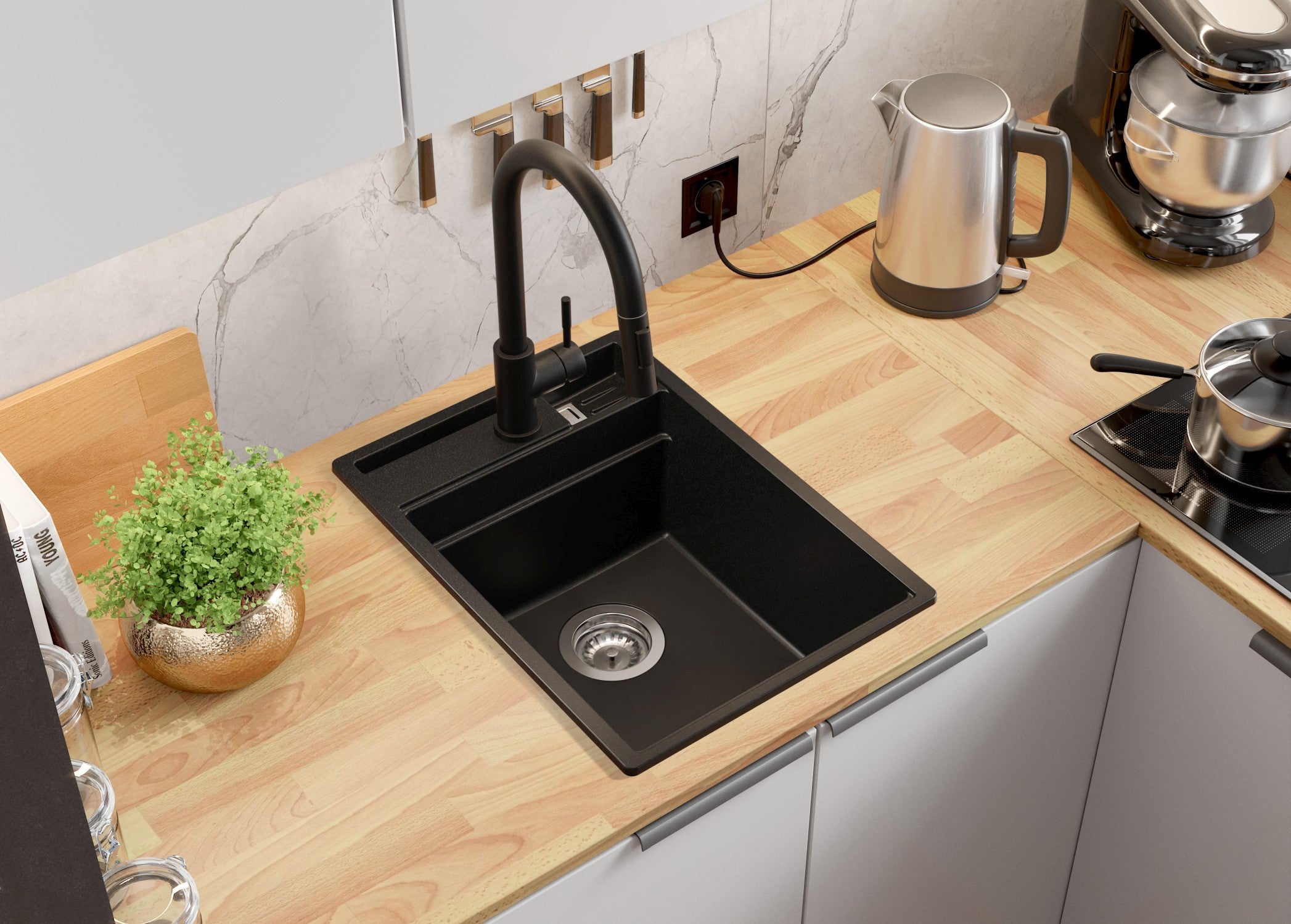 Lavandino da Cucina Nero 38x53cm, Lavello in Granito a 1 vasca + Sifone Classico + Accessori, Lavabo da Cucina Incasso al mobile 40cm PRIMAGRAN - 2