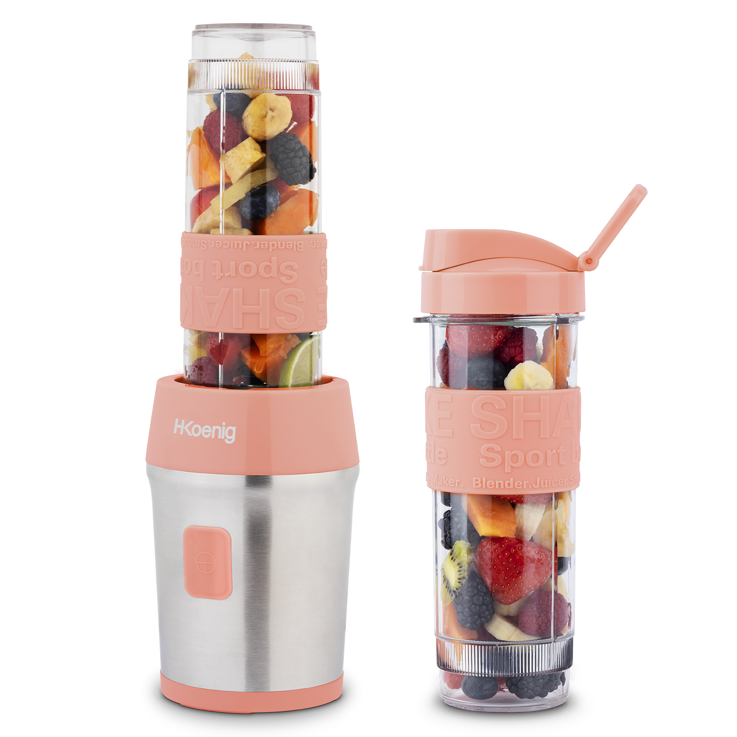 Mini blender - H.Koenig - SMOO10 - 300 W - 570 mL - Framboise - 2 gourdes incluses - 3