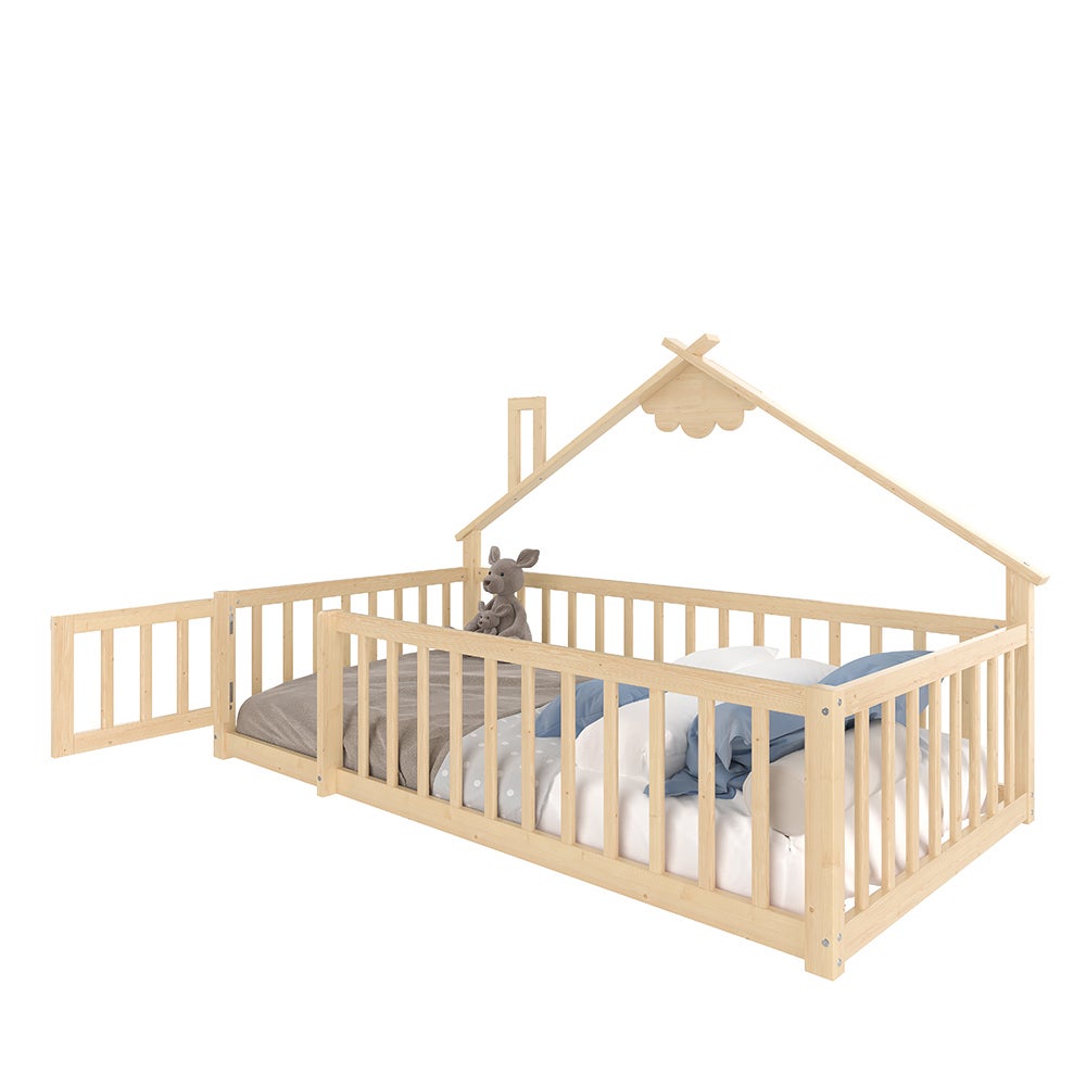 Lit cabane lit enfant 90x190 cm bordure barrière avec serrure bois de pin naturel - 2