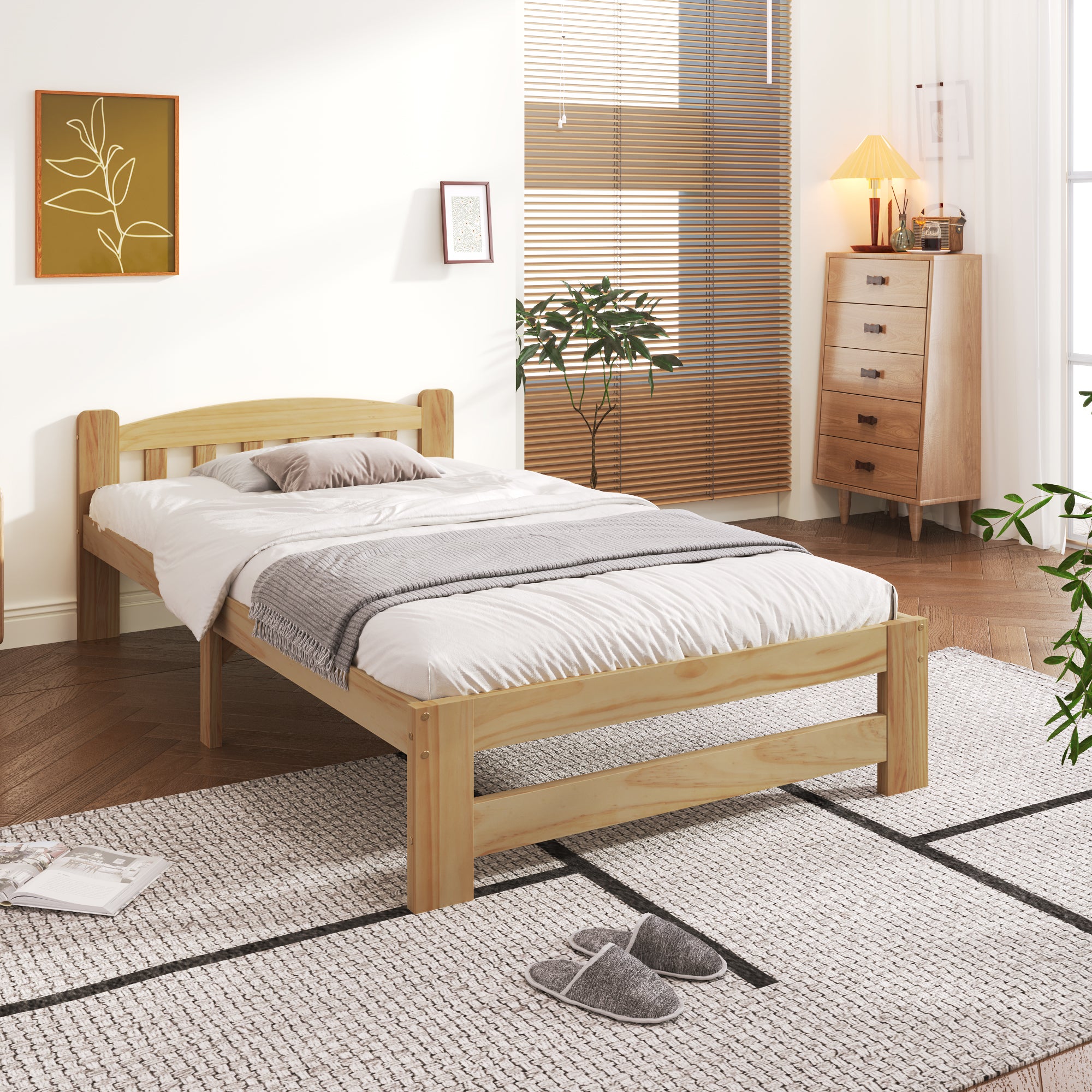 Lit En Bois - 90 X 200 cm - Avec Tête De Lit Et Sommier À Lattes - Naturel - 5