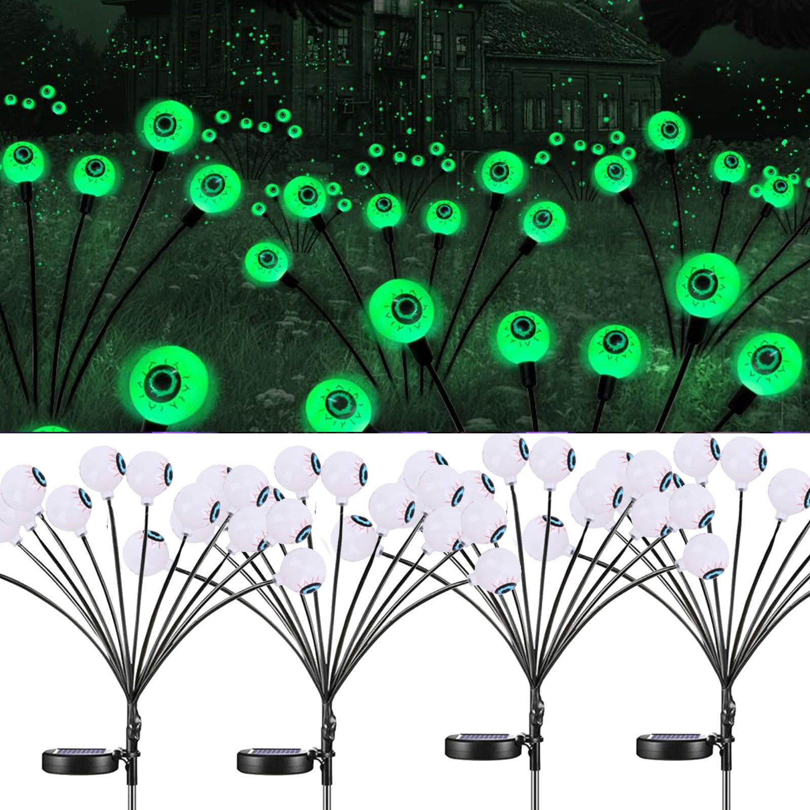 Dekoracje na Halloween, straszne lampy solarne zewnętrzne, 4 opakowania po 48 diod LED, kołyszące się lampki-świetliki, lampki ścieżkowe