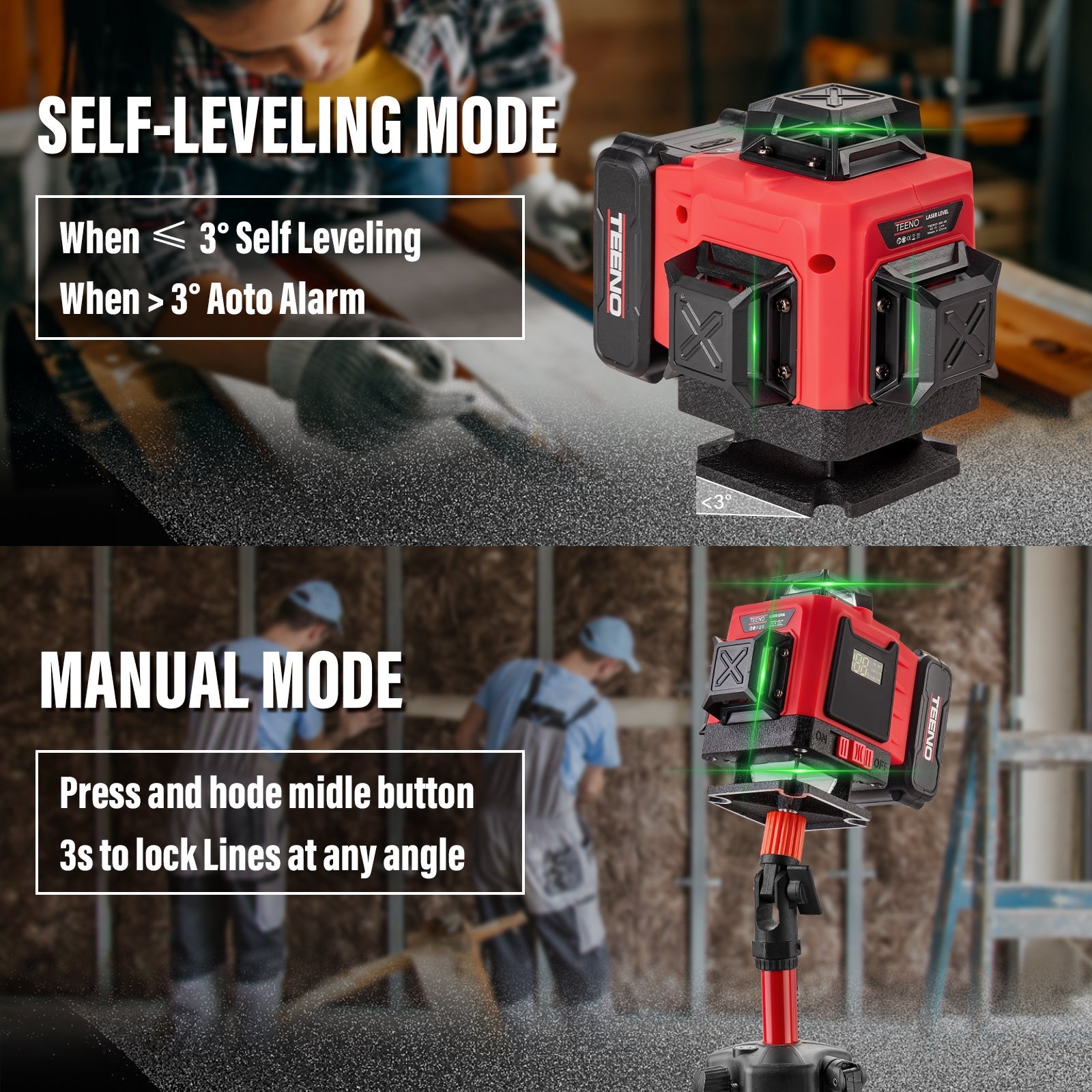 TEENO Niveau laser 4 x 360° vert 4D 16 lignes, batterie rechargeable 4800 mAh x 2 avec télécommande et trépied, affichage digital LCD, base magnétique - 6