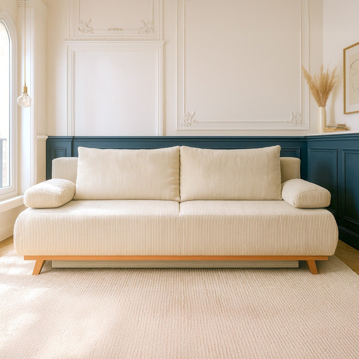 Canapé convertible 3 places avec coffre de rangement en velours côtelé beige - Laria - 3