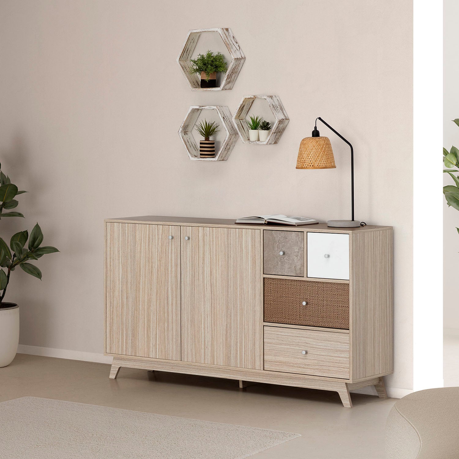 Credenza Maia 2 Ante E 4 Cassetti - 150x40x85 Cm, Design Scandinavo Multicolore, Per Soggiorno O Camera - Foto 7
