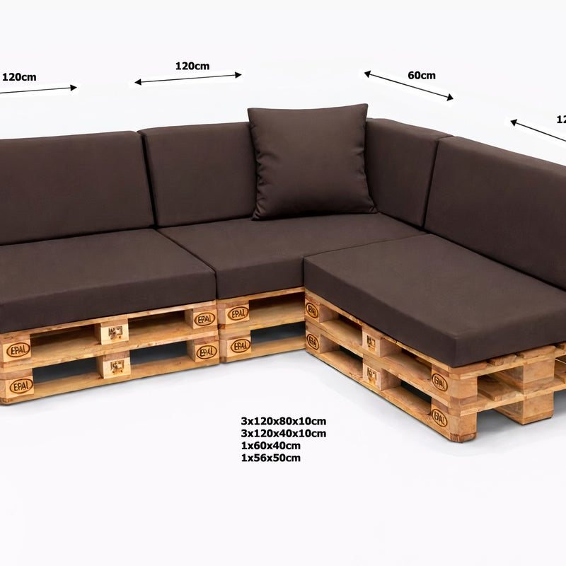 Zestaw 8 poduszek na palety ogrodowe 120×80×10 cm – siedzisko i oparcie 120×40×10 cm, poduszki na meble ogrdowe, brązowe