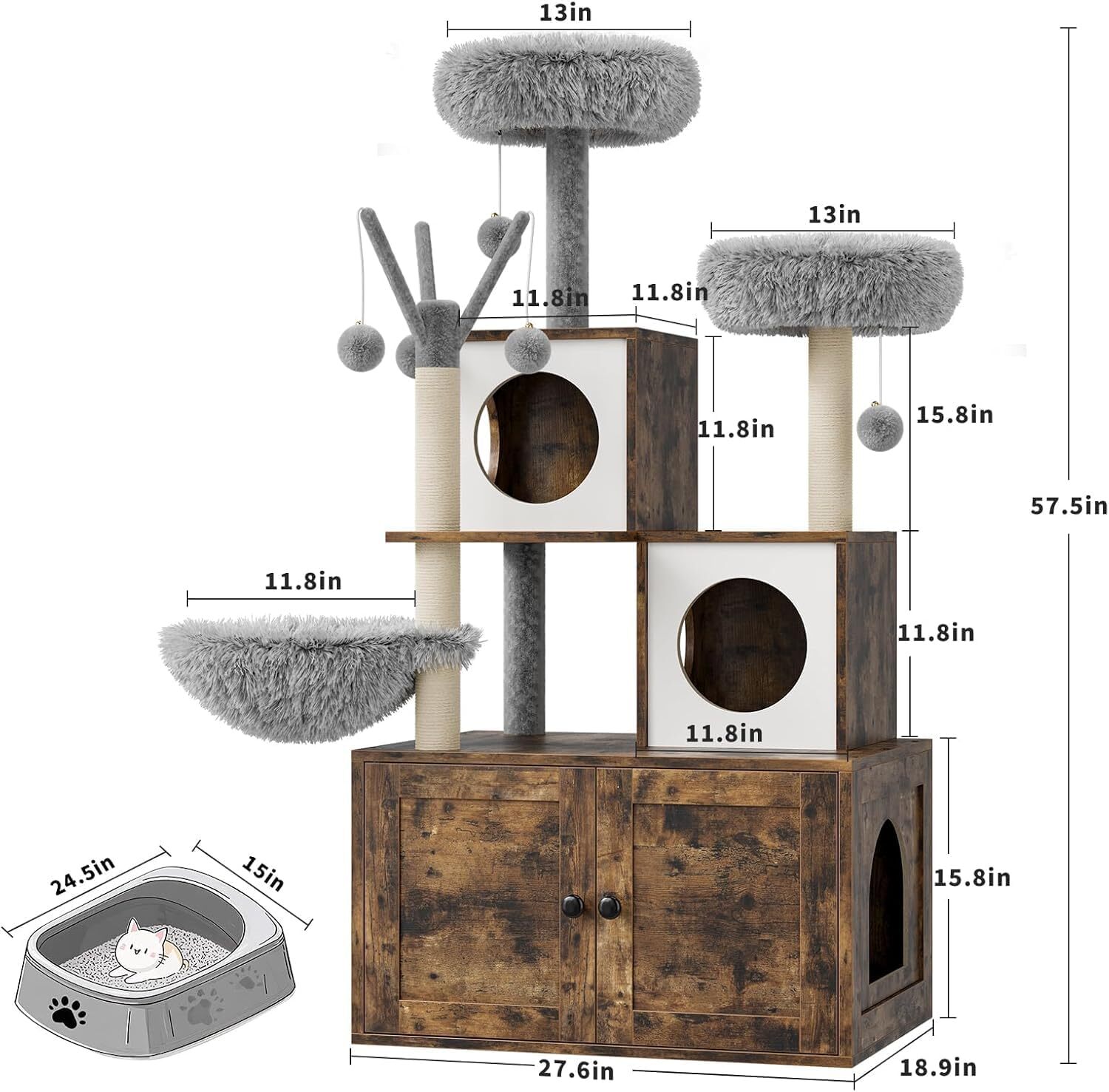 Árvore para gatos com caixa de areia escondida, 146 cm, grande torre de escalada, 2 grandes plataformas, 2 armários ocultos — Castanho - 4