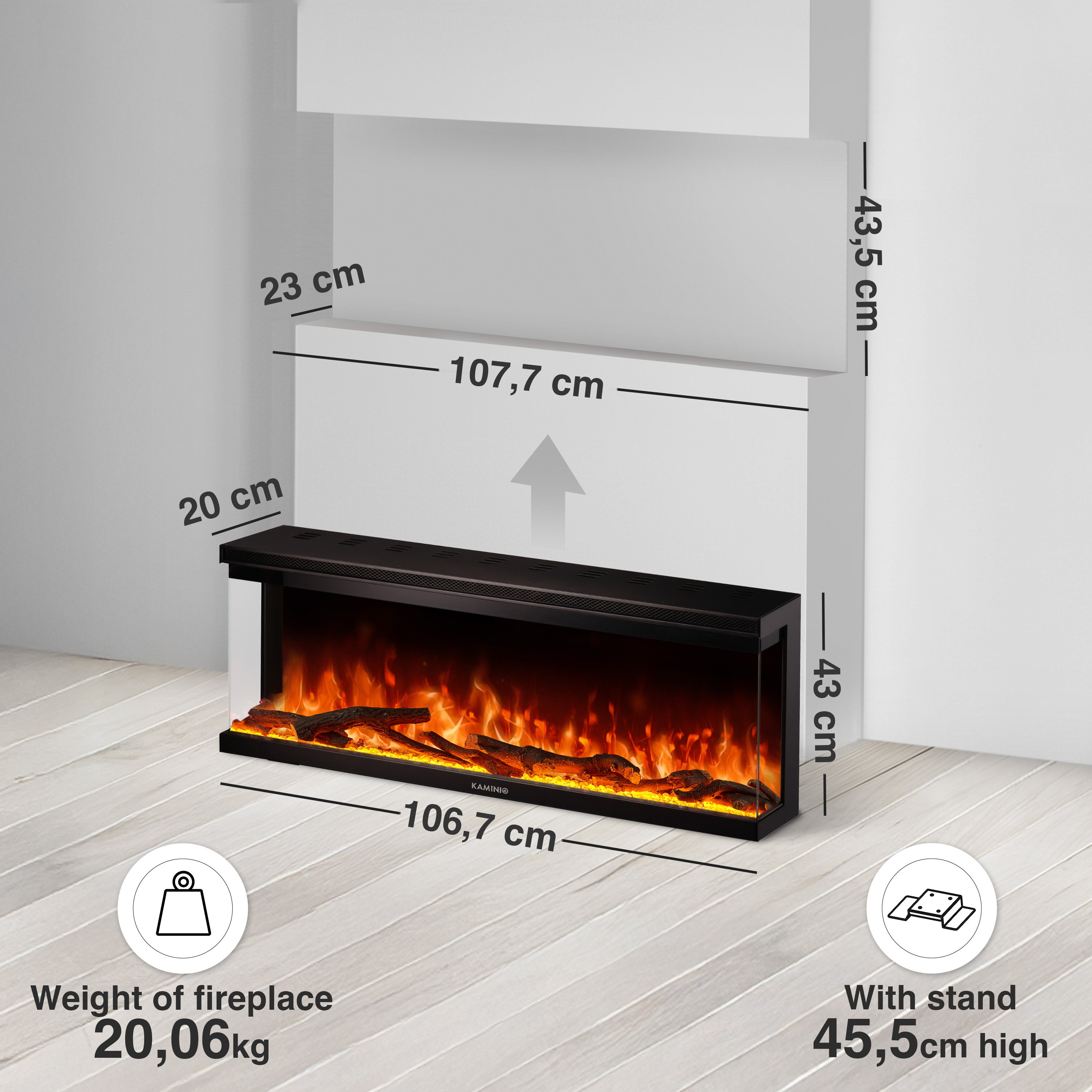 KAMINIO Chimenea eléctrica LEA - Chimenea 3en1 con vista panorámica, calefacción, llama 3D, 12 colores de llamas, mando a distancia - 42 pulgadas - 6