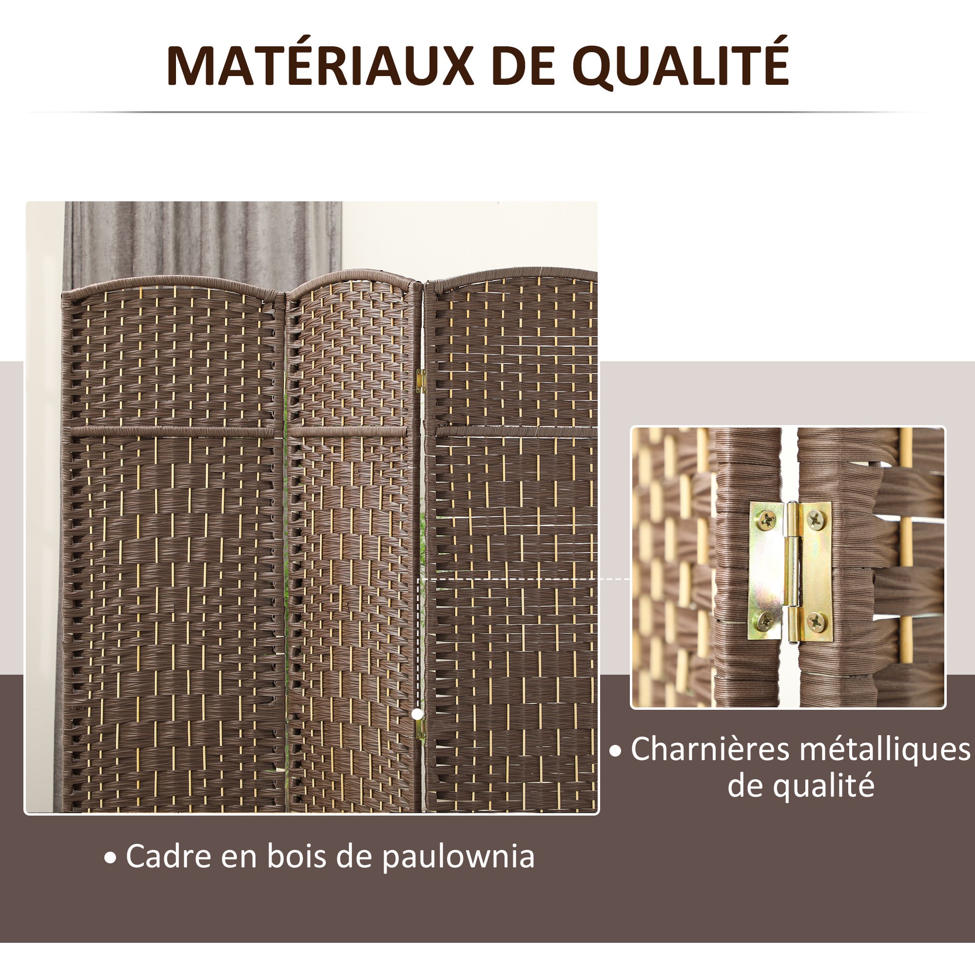 Paravent intérieur en bois 3 panneaux séparateur de pièce pliable pour salon chambre 135 x 180 cm marron - 8