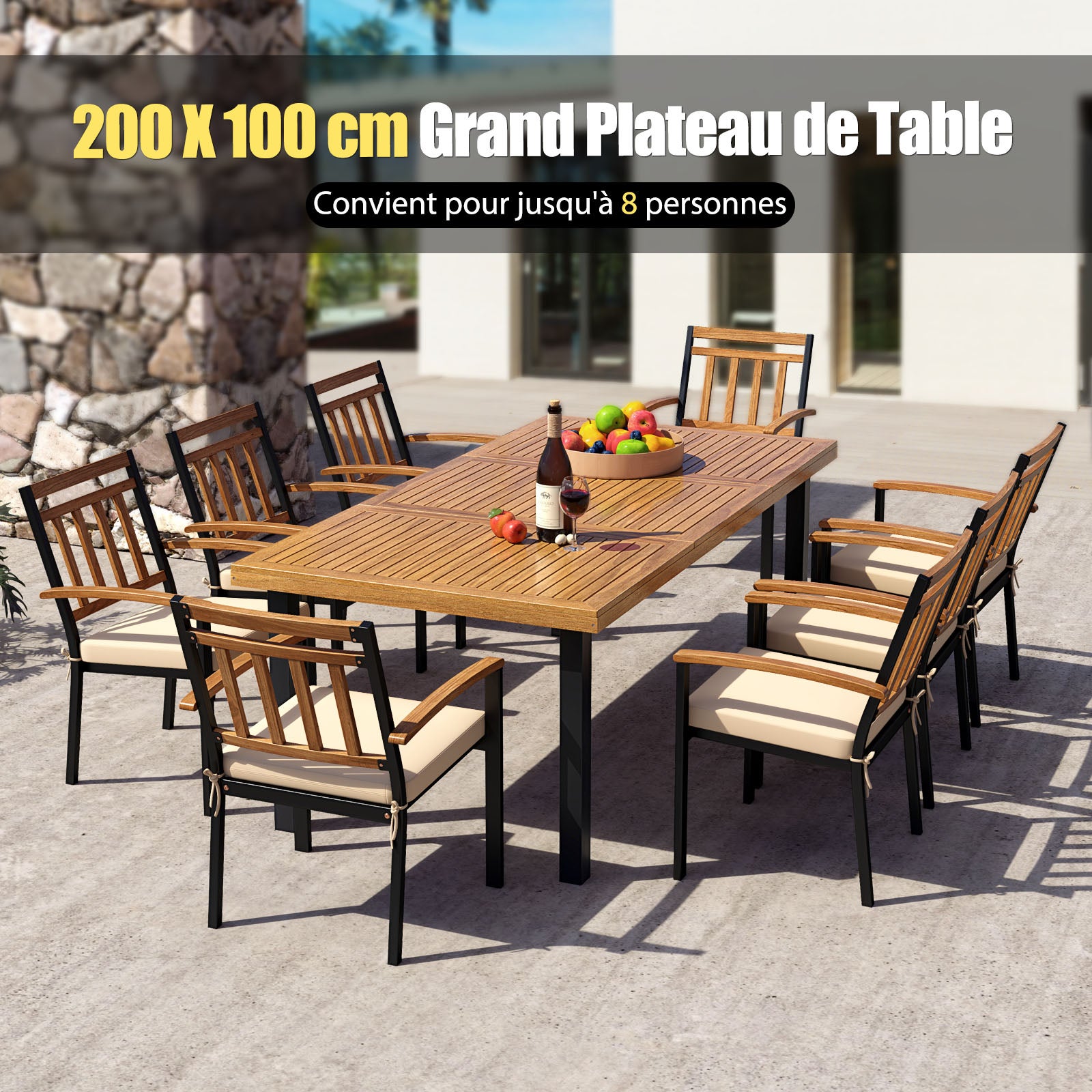 Table à Manger Extérieur en Bois d'Acacia Certifié FSC pour 8 Personnes, Table 200x100 cm avec Trou pour Parasol 5 cm, Pied en Métal - 2