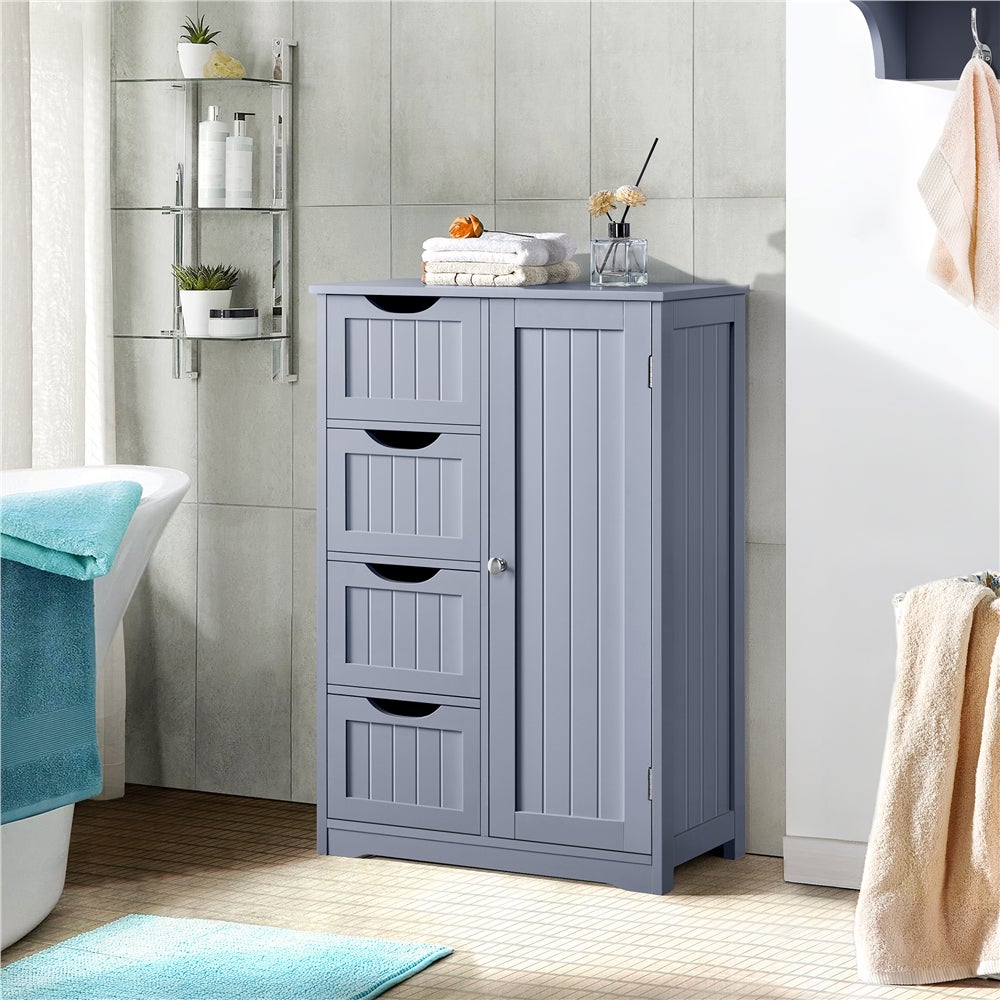 Meuble de Salle de Bain sur Pied avec 4 Tiroirs et 1 Placard à Tablette Réglable en Hauteur Gris Yaheetech - 2