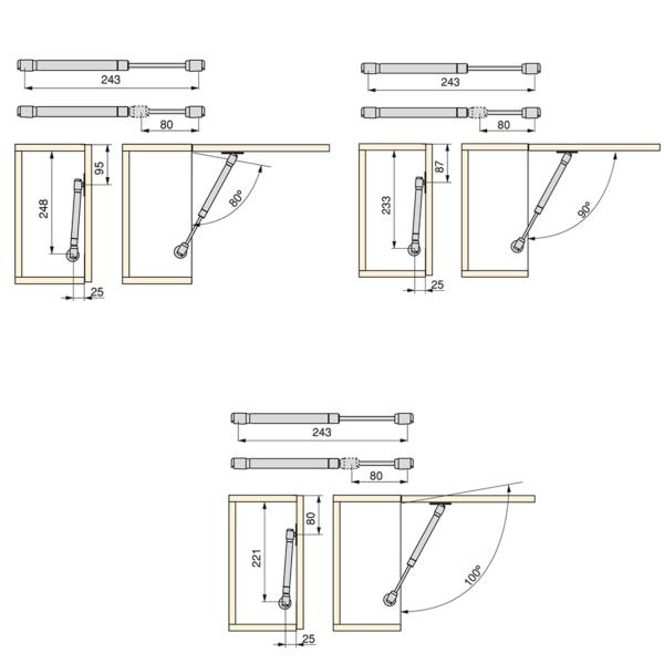 Emuca Piston pour portes relevables, force 8 kg, parcours 80 mm, Gris métallisé, 20 ut.- - 4