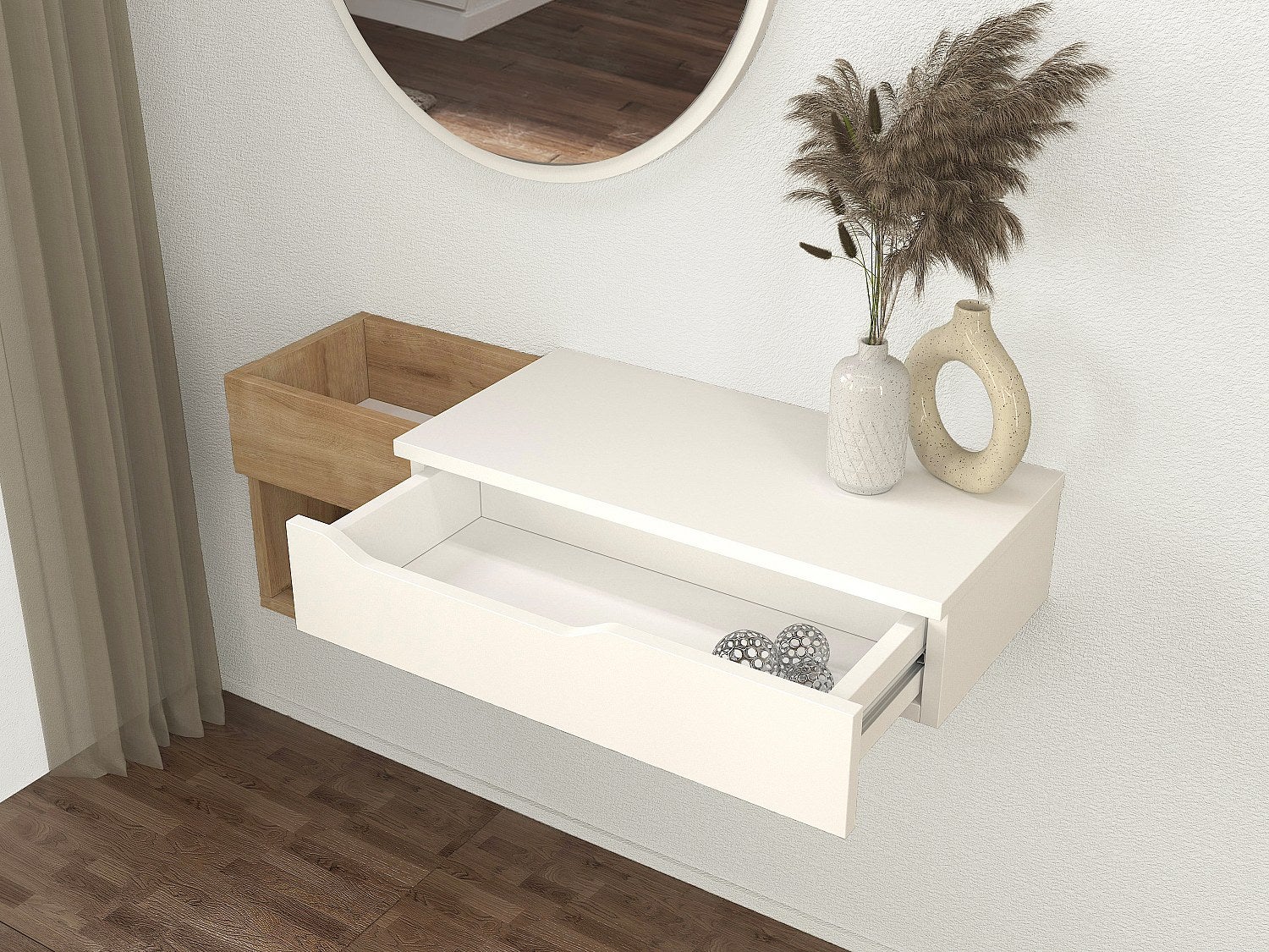Console suspendue avec 1 tiroir et 2 niches - Naturel et blanc - DAREKA - 4