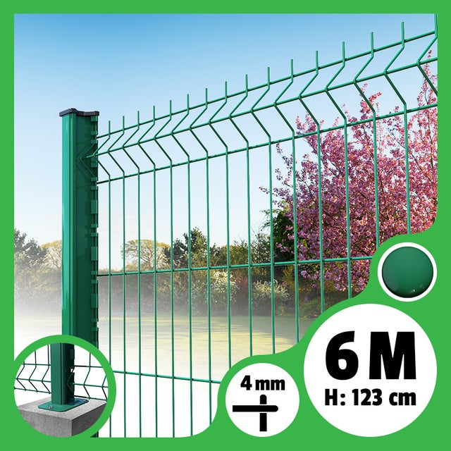 Kit grillage rigide poteaux H - longueur 6 mètres - 123 cm, Vert, A visser sur platines