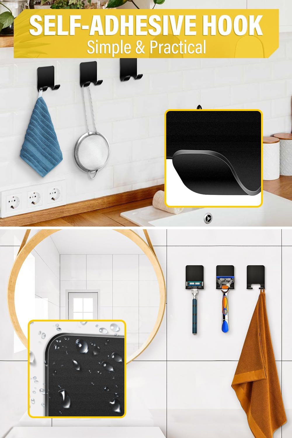2 PièCes Support De Douche, Crochet Autocollant Support De Douche Crochet AdhéSif, Salle De Bain Et Porte-Serviette Sans Percer Noir - 3