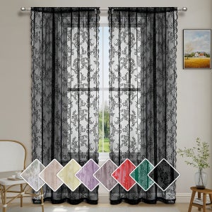 FINECITY Cortinas De Encaje Negro De 63 Pulgadas De Largo, Cortinas Transparentes Negras Florales Rosas Para Dormitorio, Cortinas De Encaje Vintage Para Ventanas, Juego De 2 Paneles De Cortinas De