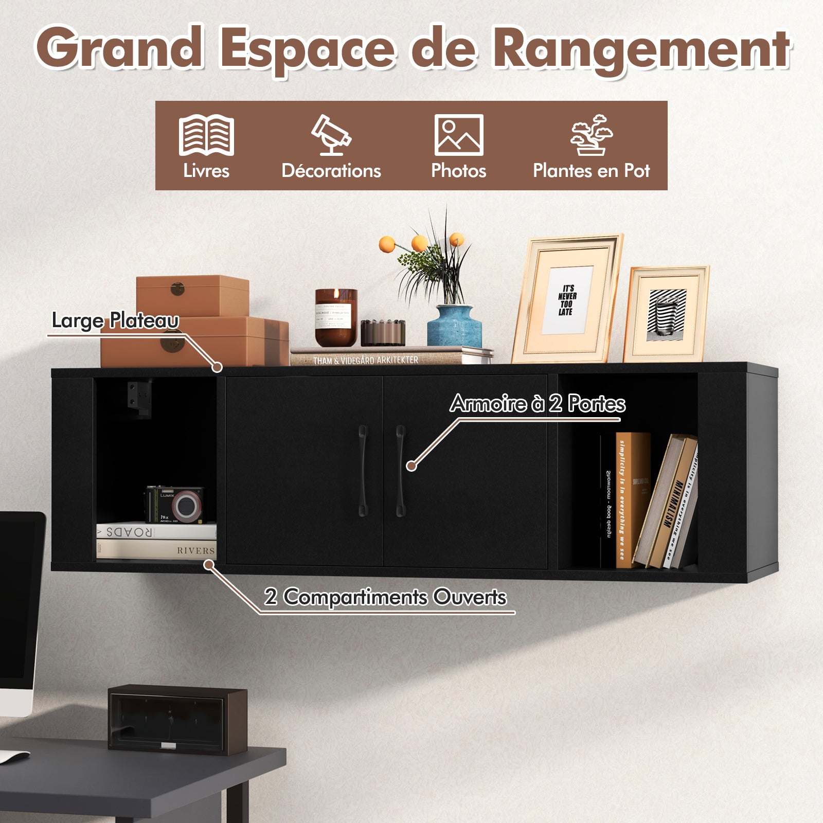 Armoire de Rangement Flottante à 2 Portes, Bureau Suspendu Mural avec 2 Cubes, Meuble de Console sous Télévision, pour Salon, Bureau, Cuisine, Noir - 3
