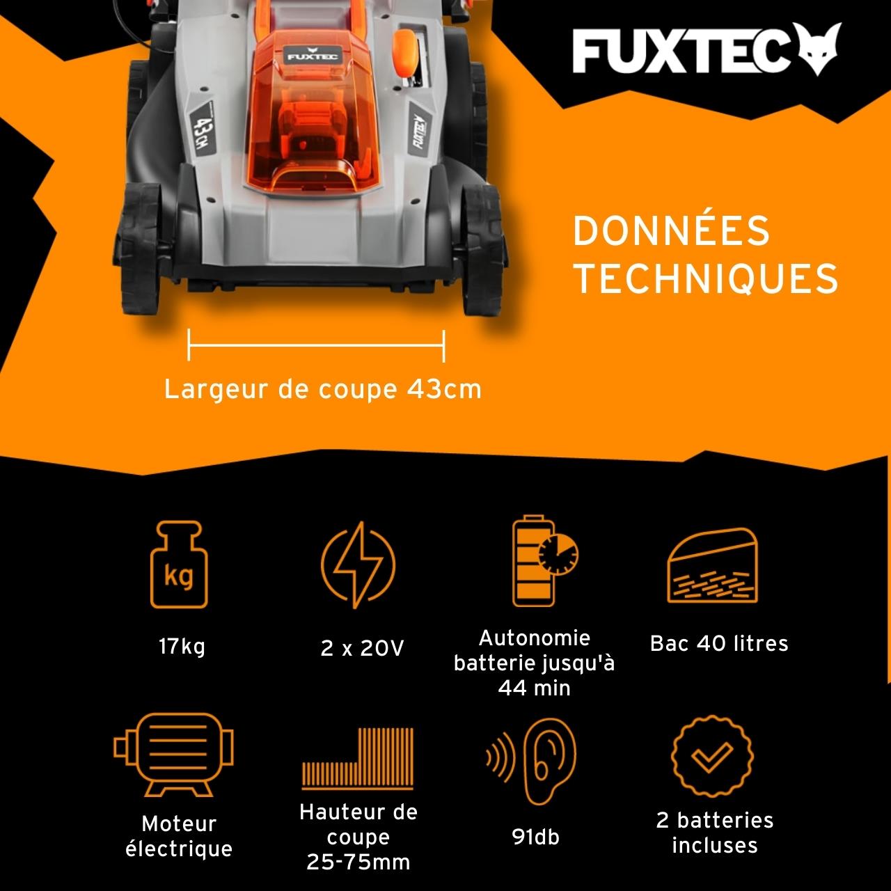 Tondeuse à Gazon Sans Fil 40V FUXTEC FX-E2RM43 – Largeur 43 cm, 2 Batteries 4Ah, Double Chargeur, Bac 40L - 3