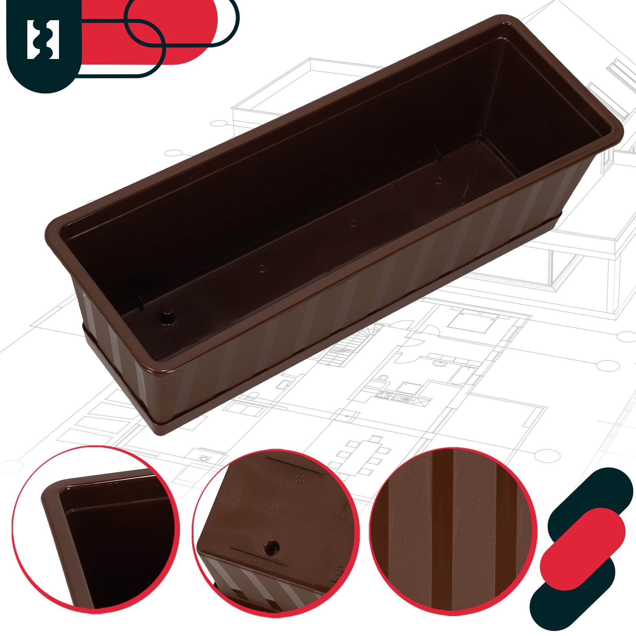 Doniczka - Skrzynka Balkonowa - 50 x 18 x 14 cm - Skrzynia na Balustradę Balkon - Donica z Podstawką - Brąz KOTARBAU - 5