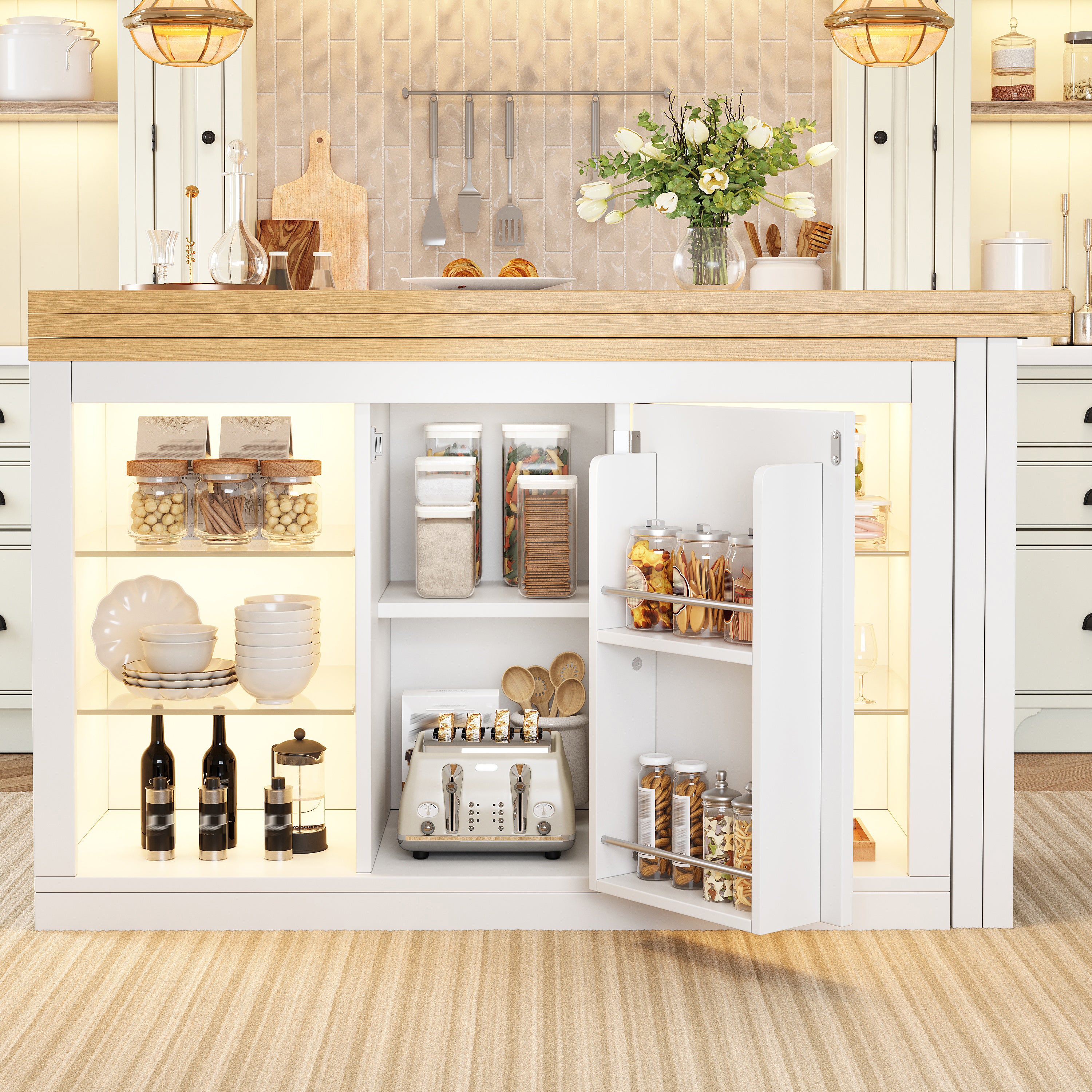 Ilot Cuisine Extensible 120-197*40*72cm cm avec Table à Manger, Pivotant 360°, LED RGB App, Portes Magnétiques et Étagères en Verre, Blanc - 4