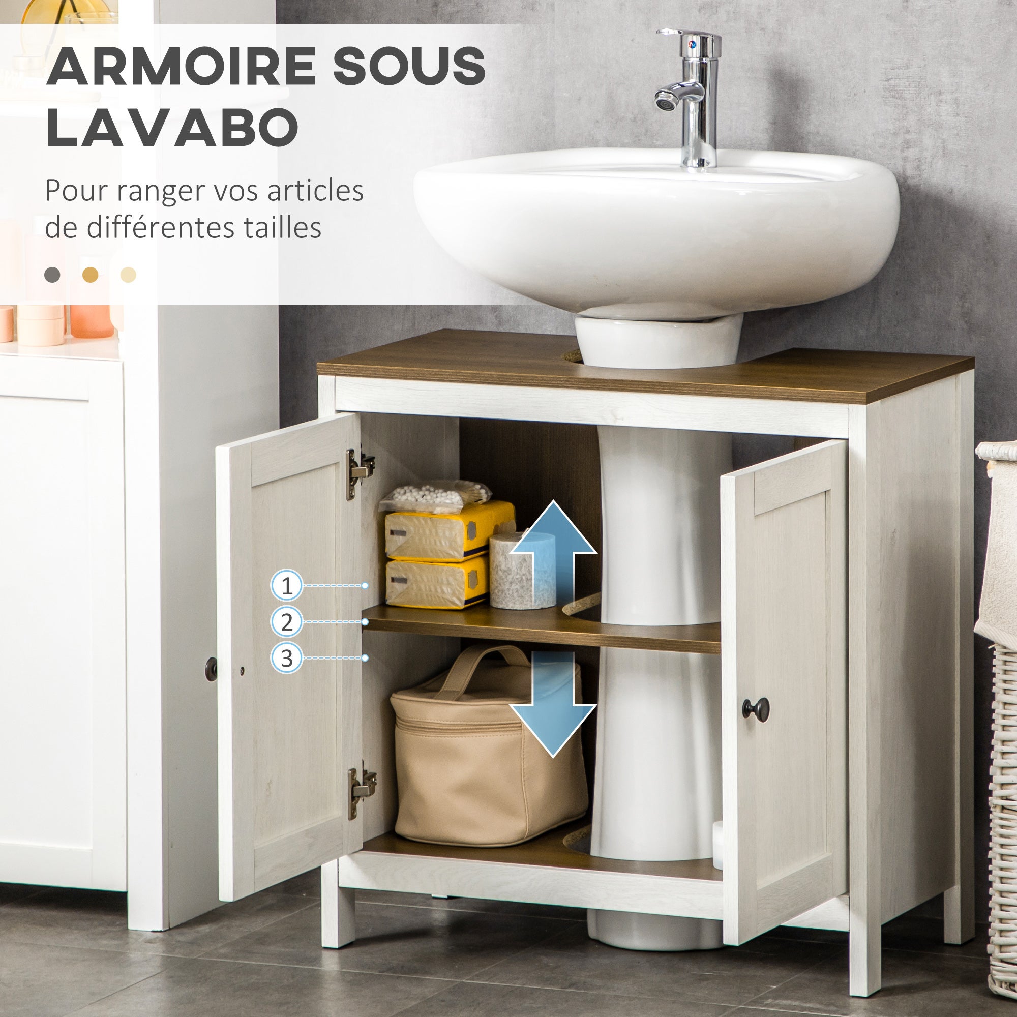 Meuble sous lavabo meuble de salle de bain 2 portes avec étagère 60 x 30 x 60 cm blanc et aspect bois - 7