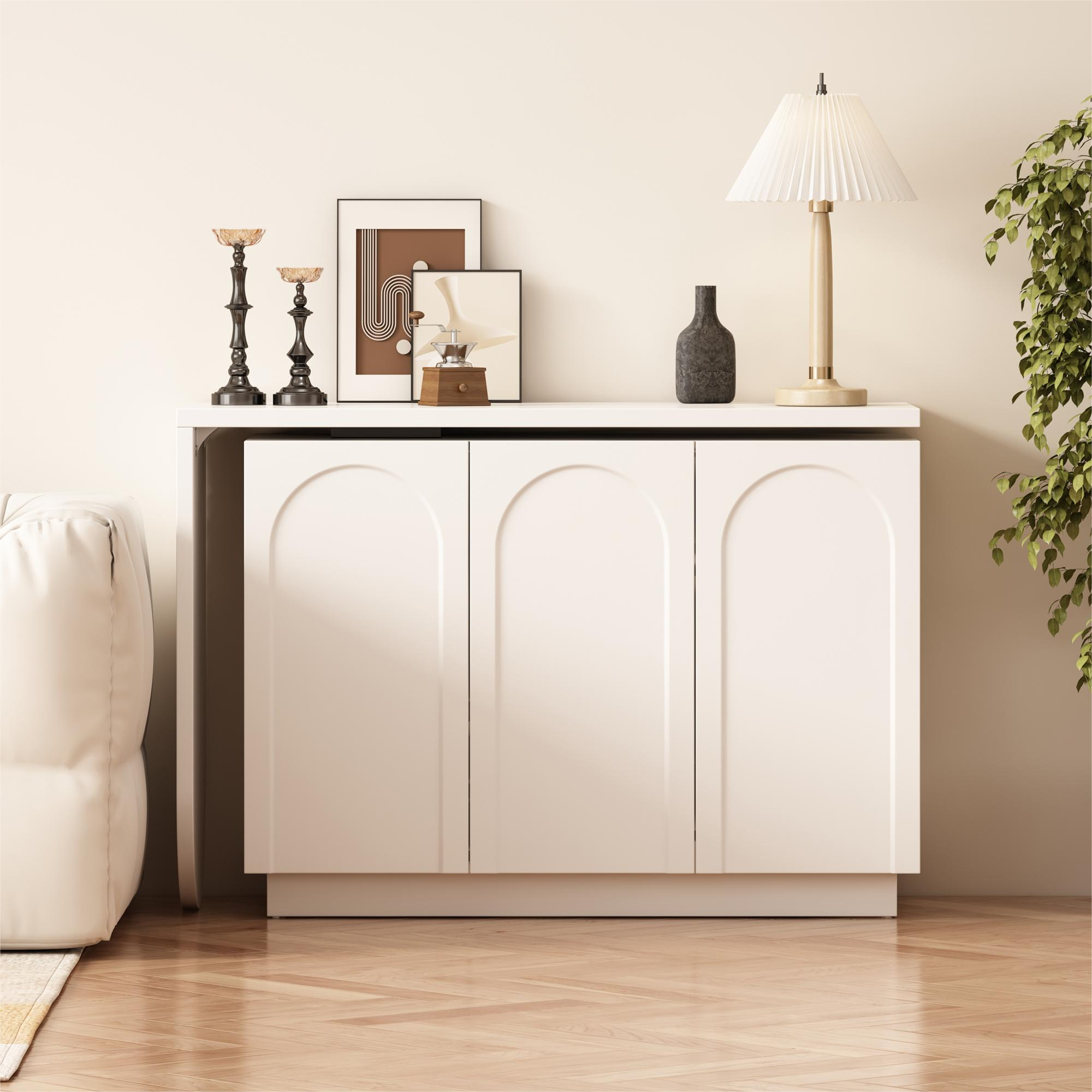 Bureau d'angle 110x40x75 cm, rotatif, pliable 360 degrés avec 3 portes, MDF blanc - 4