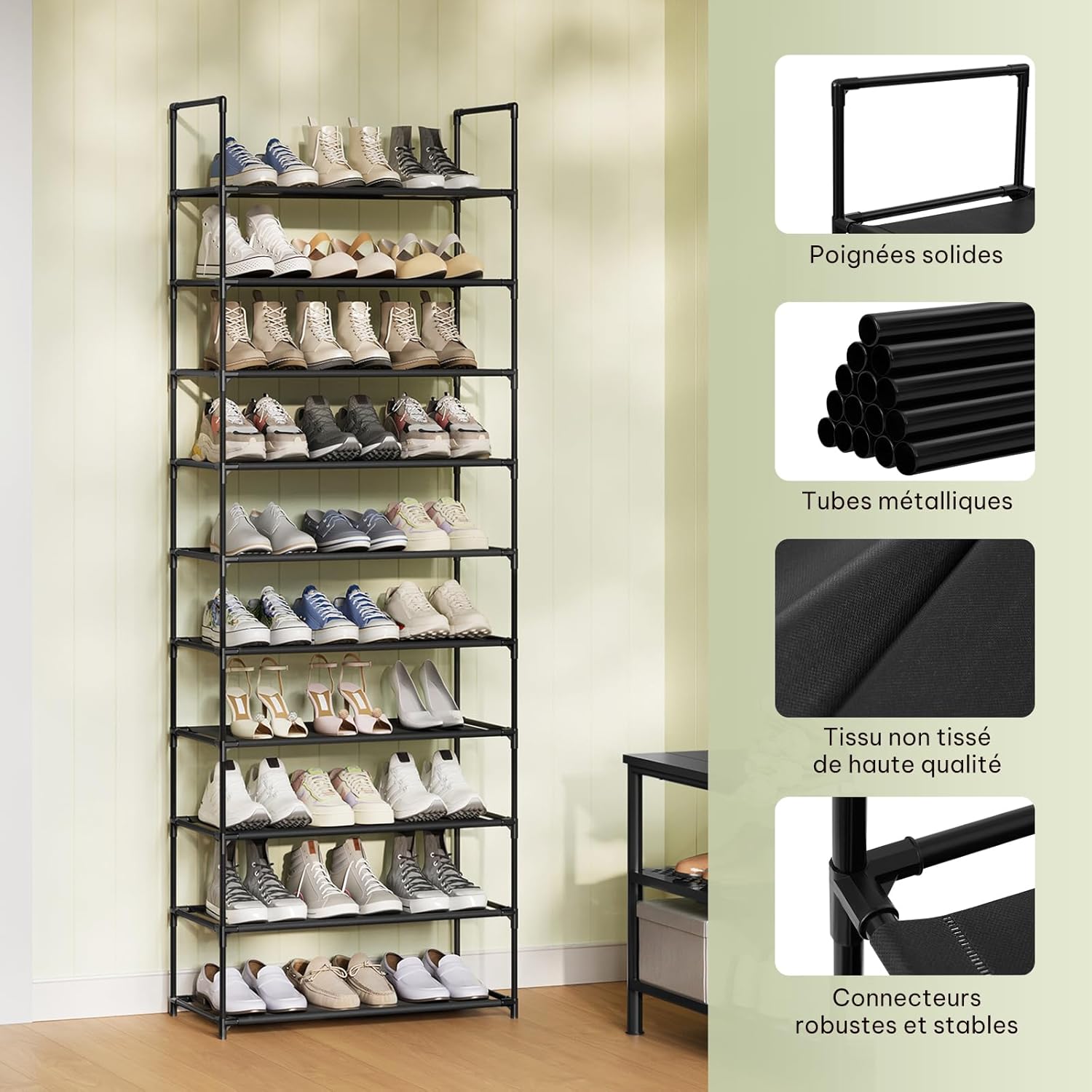 Étagère pour Chaussures WOLTU, Rangement de Chaussures à 10 Niveaux, Étroit, 61x28x174cm, Noir - 2