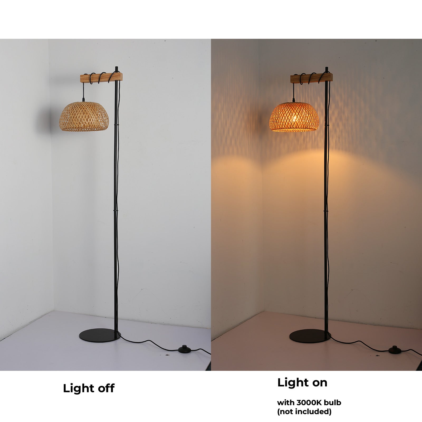 Lampe sur pied en bois et rotin avec abat-jour en bambou 