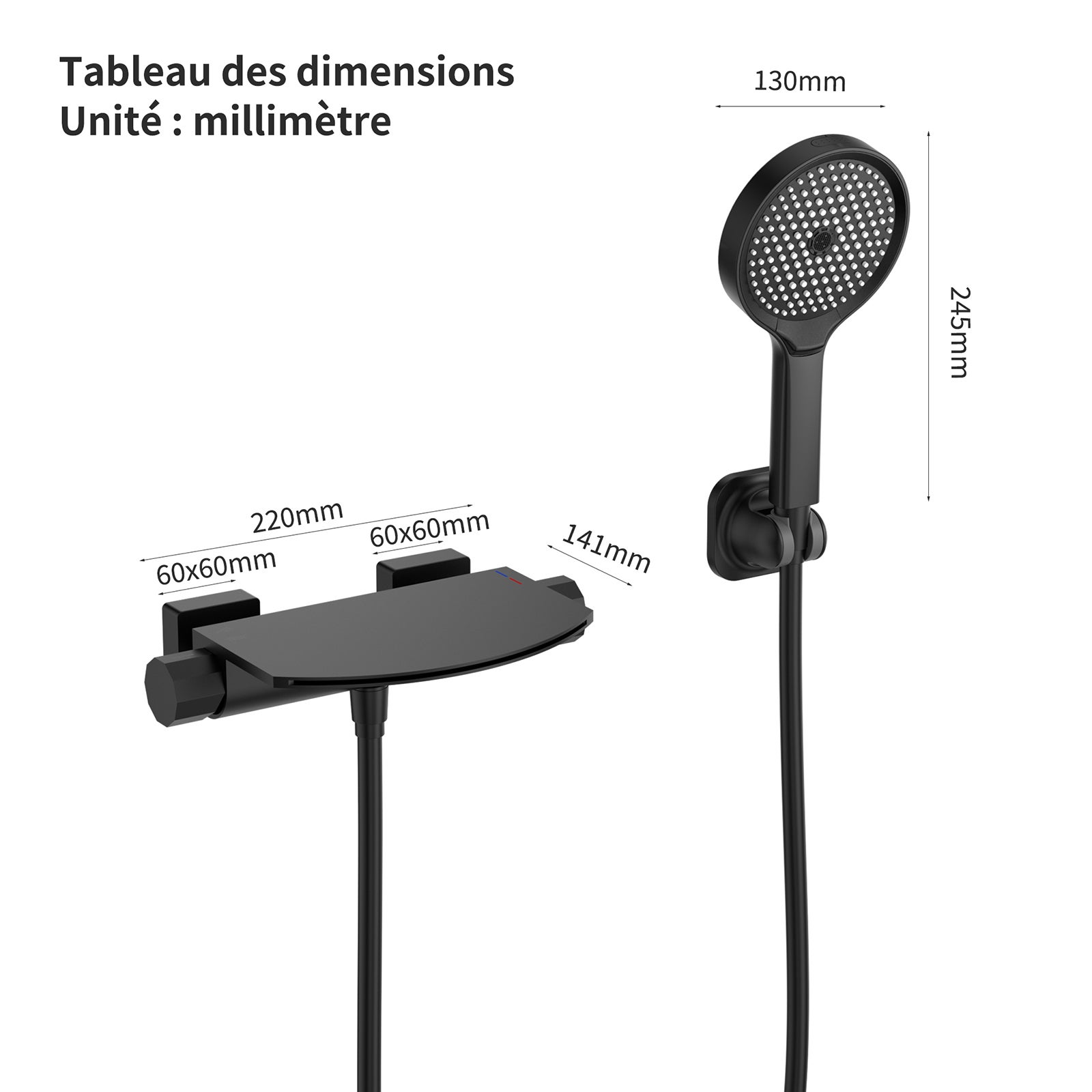 Mitigeur de Baignoire Cascade Extra-Large en Laiton avec Douchette 3+1 Modes et Étagère, Robinet Mural Noir Grand Débit - 7