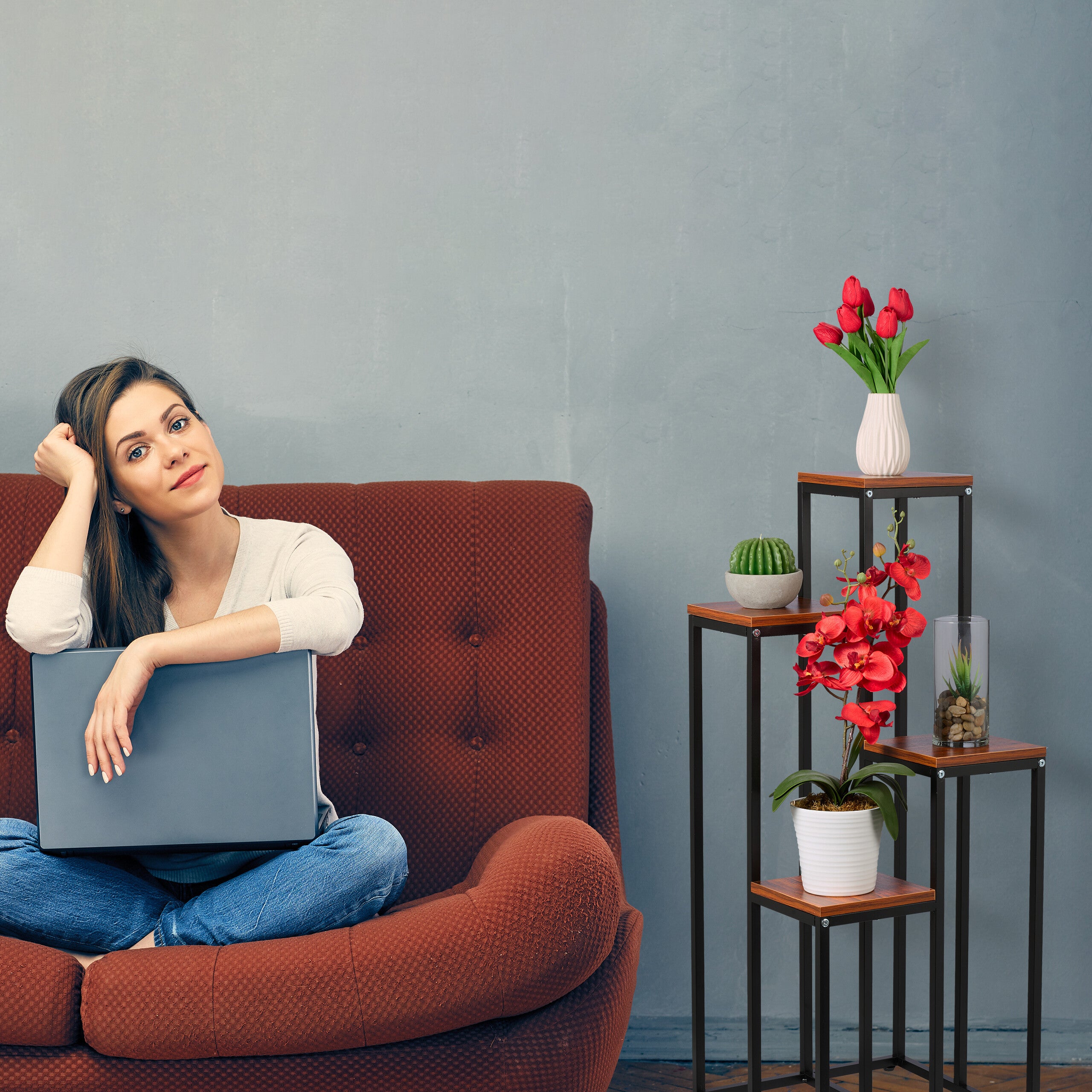 Étagère à plantes, 4 niveaux, HxLxP : 100x40x40 cm, acier et MDF, escalier pour fleurs, noir-marron, Relaxdays - 5