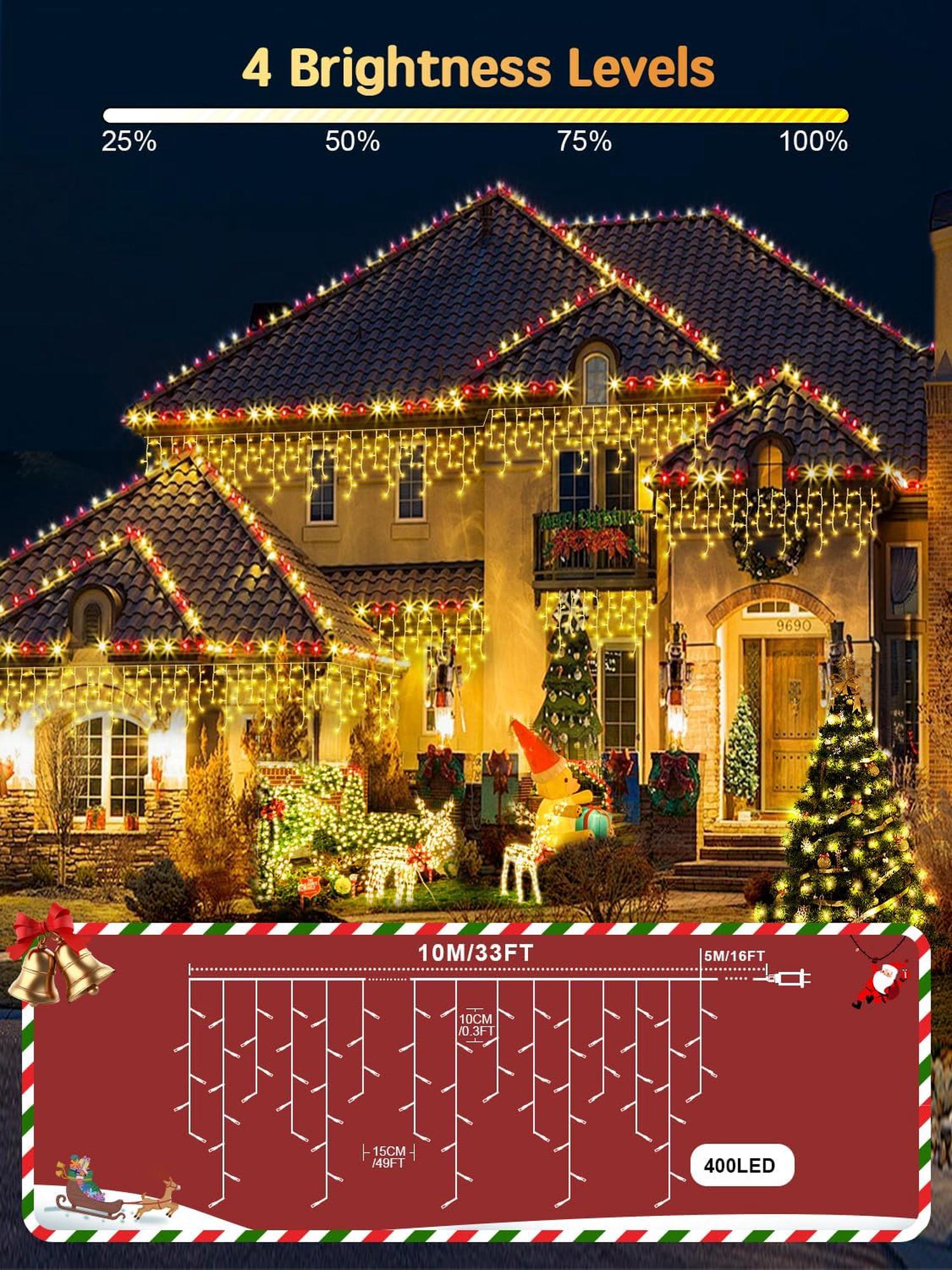 Guirlande extérieure, rideaux de Noël 10M 400 LED, guirlandes lumineuses étanches, guirlandes lumineuses LED de Noël 8 modes, adaptées à la décoration murale de la maison (lumières de couleur