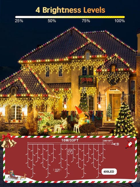 Guirlande extérieure, rideaux de Noël 10M 400 LED, guirlandes lumineuses étanches, guirlandes lumineuses LED de Noël 8 modes, adaptées à la décoration murale de la maison (lumières de couleur Guirlande extérieure, rideaux de Noël 10M 400 LED, guirlandes lumineuses étanches, guirlandes lumineuses LED de Noël 8 modes, adaptées à la décoration murale de la maison (lumières de couleur