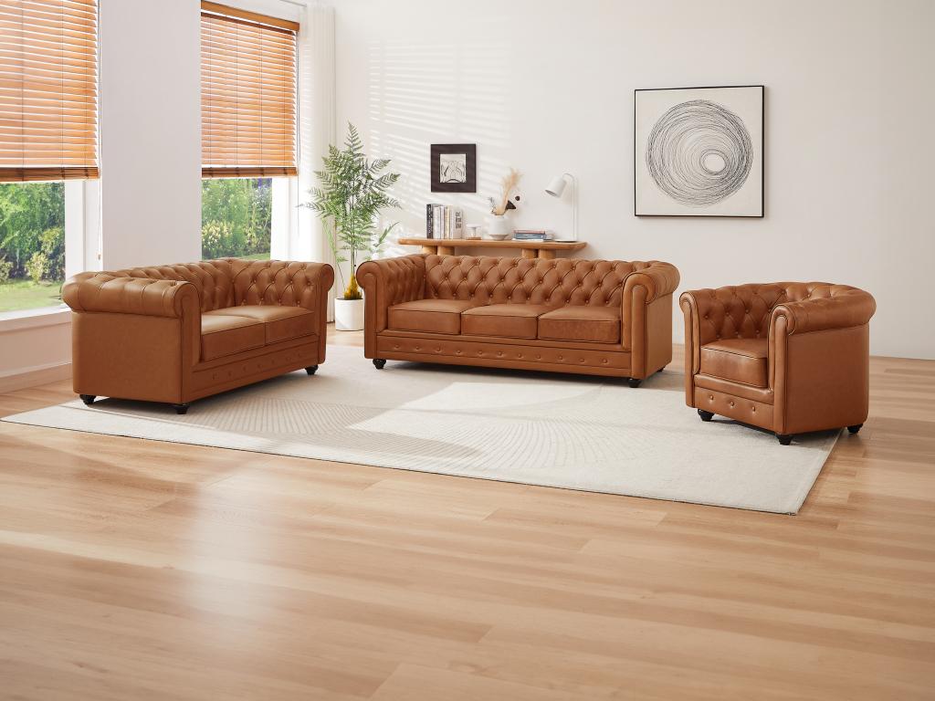 Sofá de 3 plazas, 2 plazas y sillón de piel de vaca color camel chesterfield