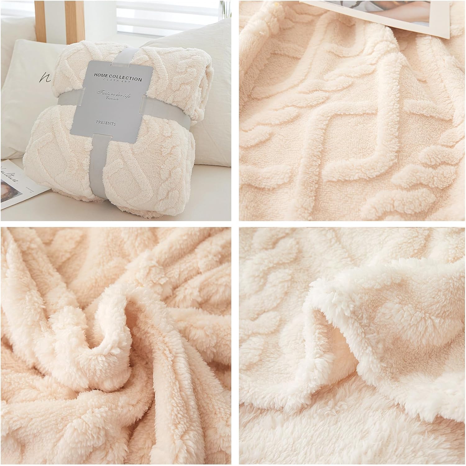 Couverture de canapé chaude en flanelle, couverture en tricot torsadé 3D, couverture de lit en polaire microfibre moelleuse, 150*200CM,beige - 4
