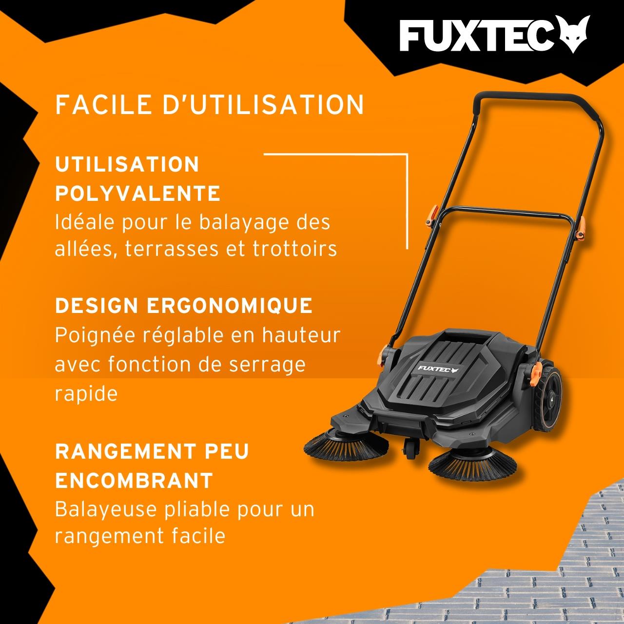 FUXTEC FX-HK65 - Barredora manual para exteriores, ancho de trabajo 650mm, depósito 20L, ideal para superficies hasta 2000m² - 4
