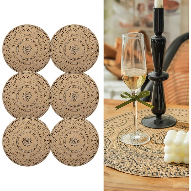 Zestaw 6 okrągłych podkładek pod talerze z nadrukiem w stylu boho, plecione z PVC, zmywalne, odporne na ciepło, antypoślizgowe, podkładki na stół do k