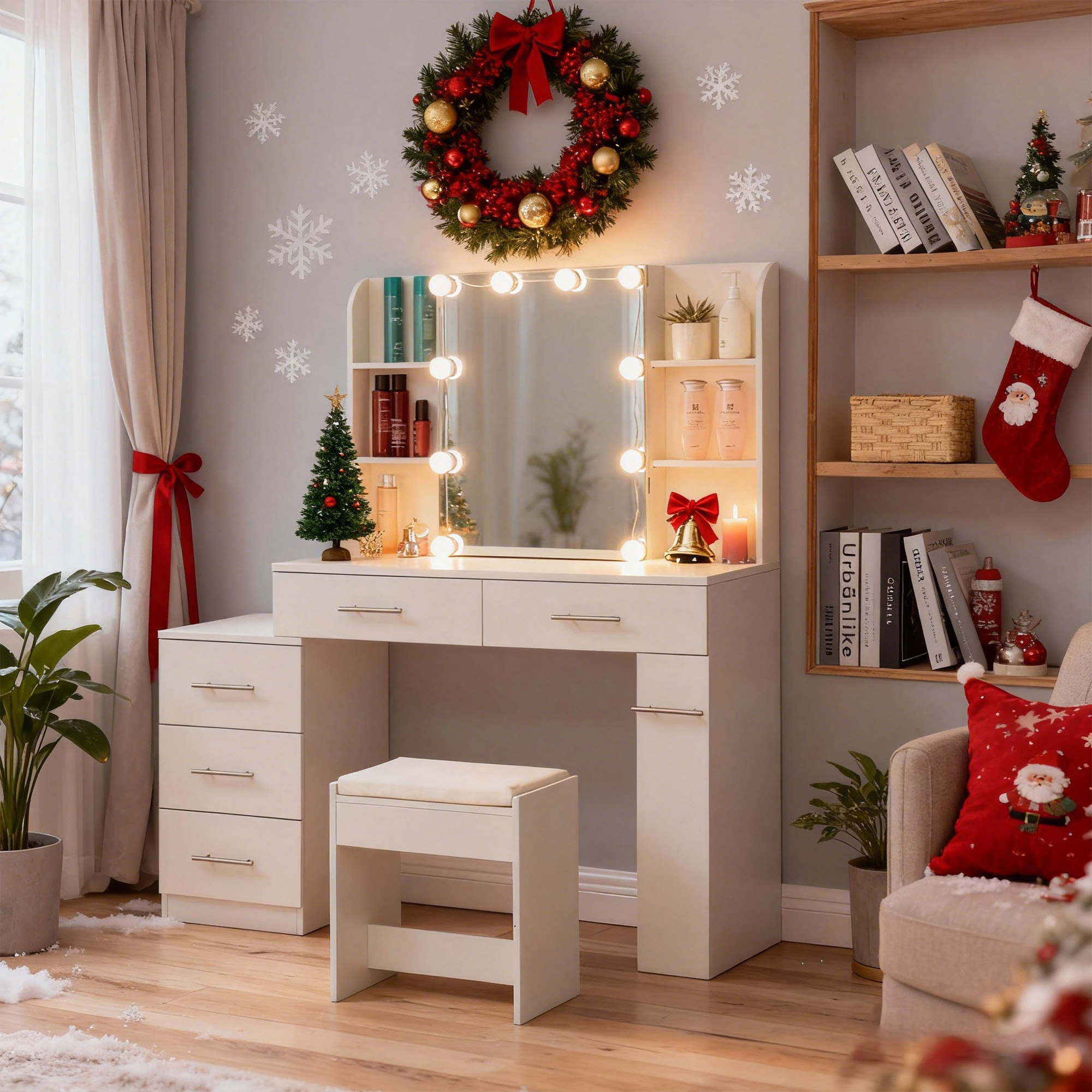 Tocador, mesa de tocador con espejo, cajón e iluminación led.