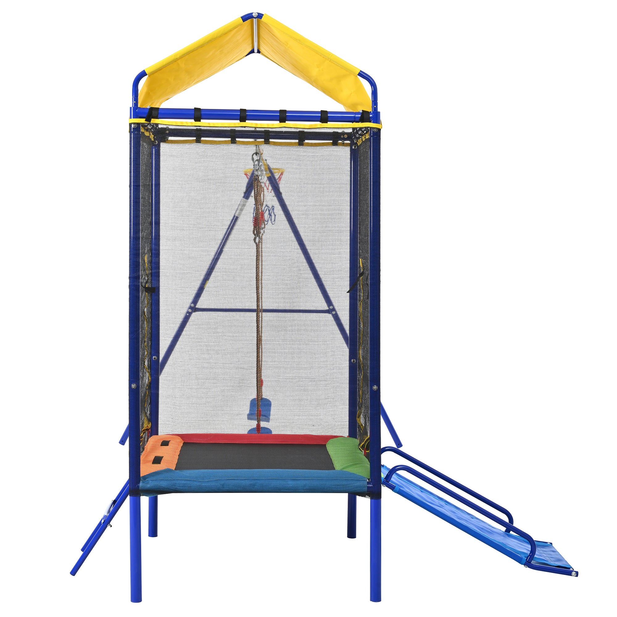 Aire de jeux extérieure 4 en 1, avec trampoline, double balançoire, toboggan et panier, en fer, multicouleur - 6