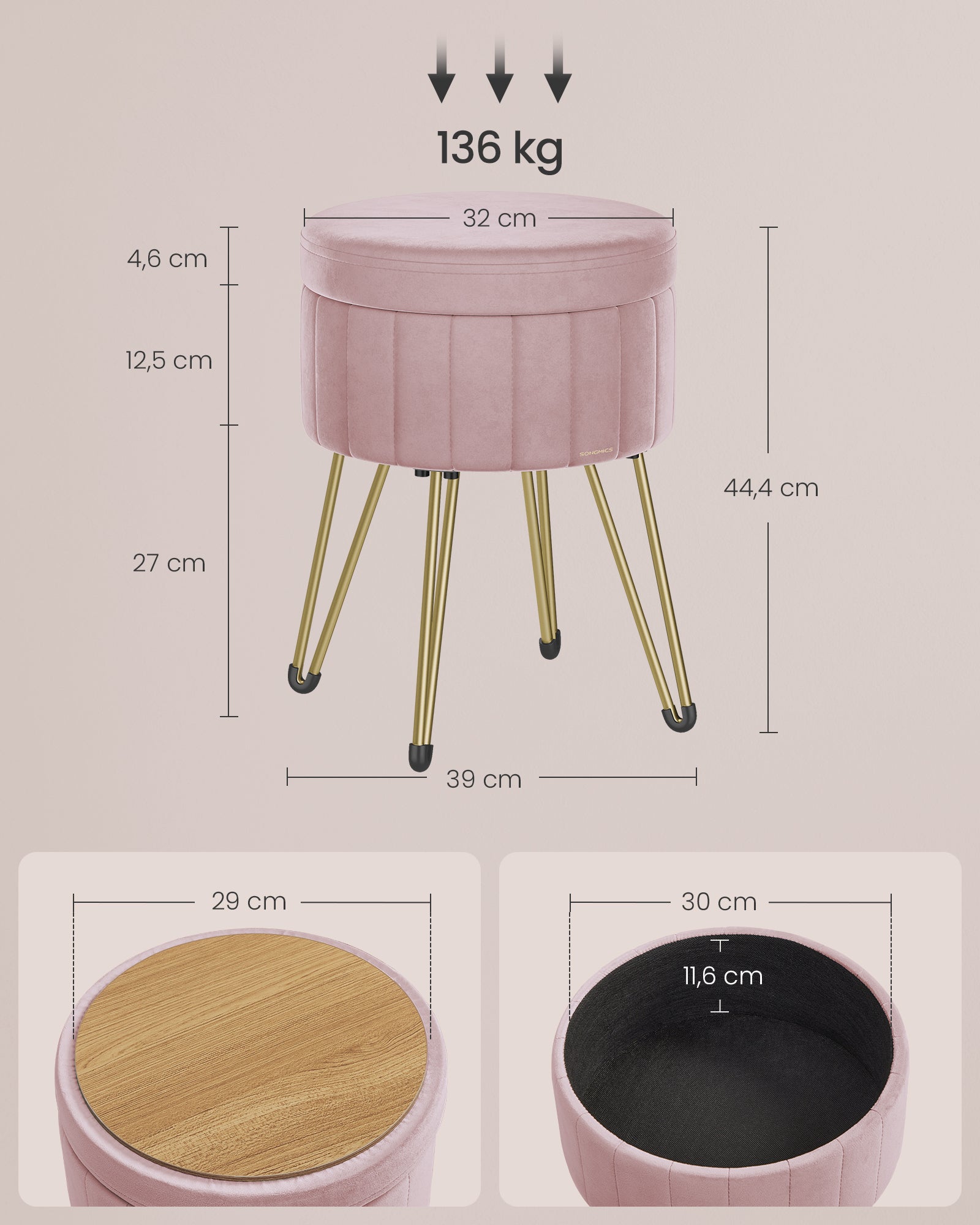 Tabouret Rangement, Siège Rond, Tabouret Coiffeuse, Pouf en Velours, Repose-pieds, 39 x 44,4 cm (Diamètre x H), 4 Pieds en Métal, Rose Bonbon - 5