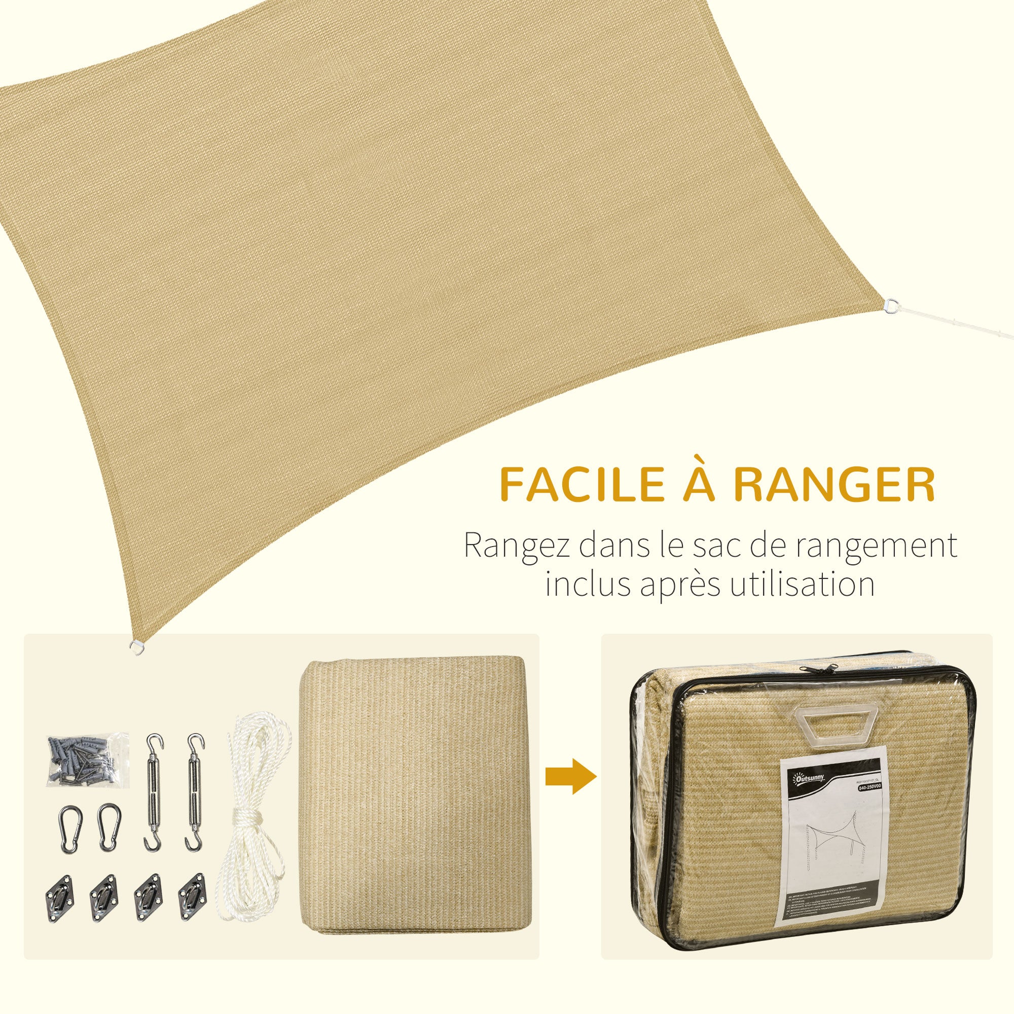 Voile d'ombrage rectangulaire grande taille 4 x 3 m polyéthylène beige - 7