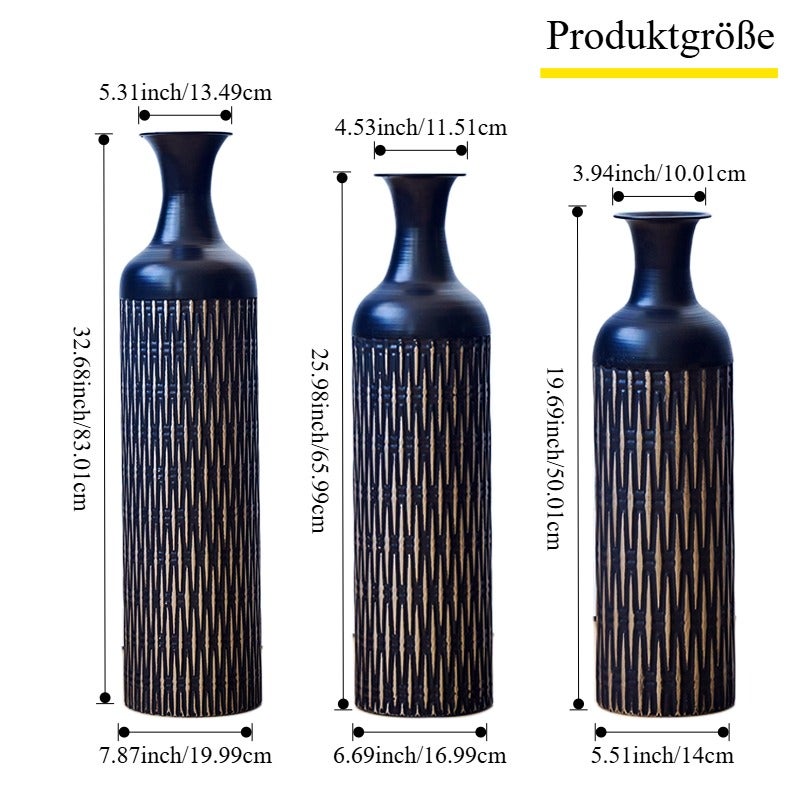 Lot de 3 Grands Vases de Sol Cache-Pot Industriel Rainuré 50/66/83 cm Métal Noir - 4