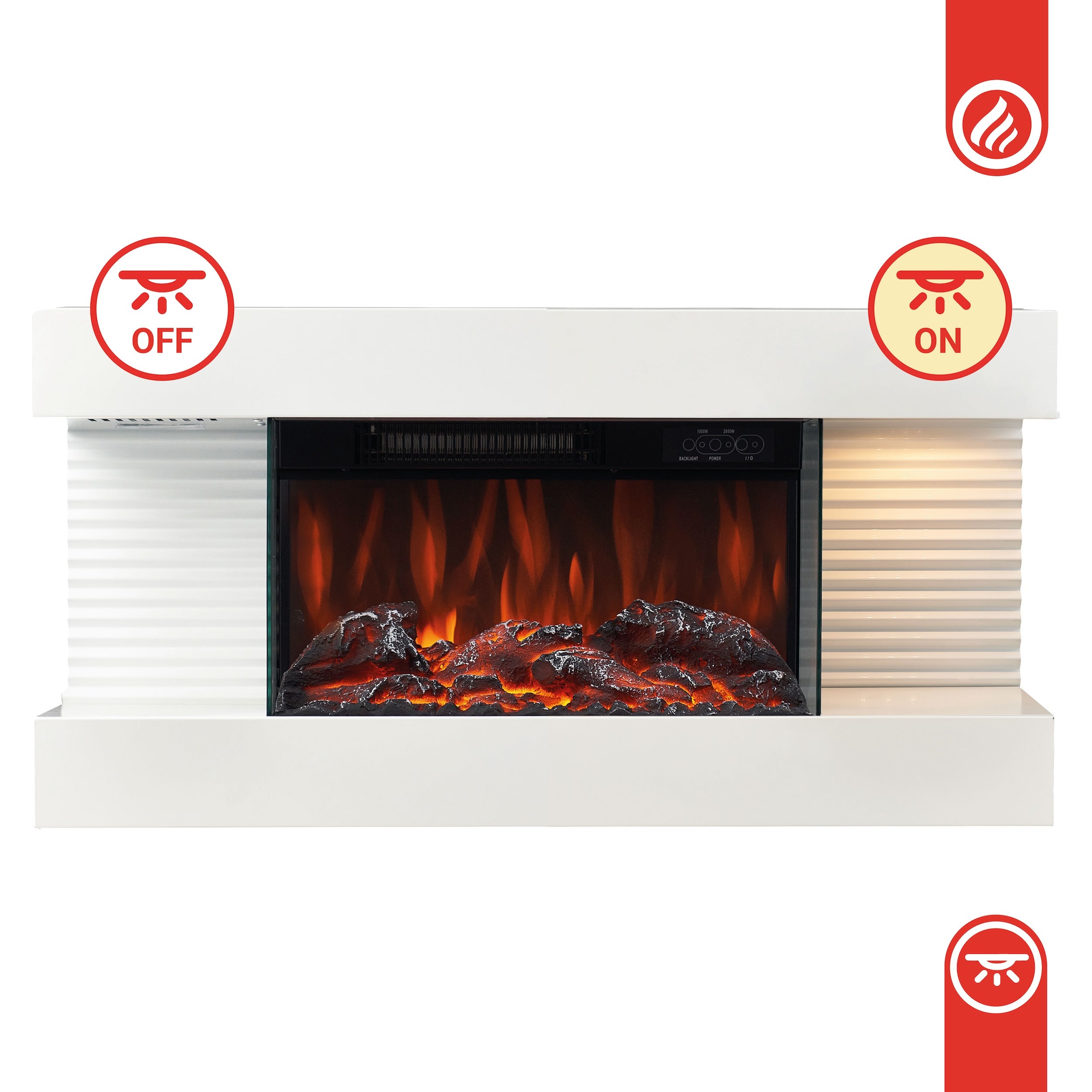 KAMINIO Cheminée Électrique LIZ - Cheminée Murale avec Chauffage, Effet de flamme 3D, Lumière d'ambiance LED, Télécommande - Blanc - 3
