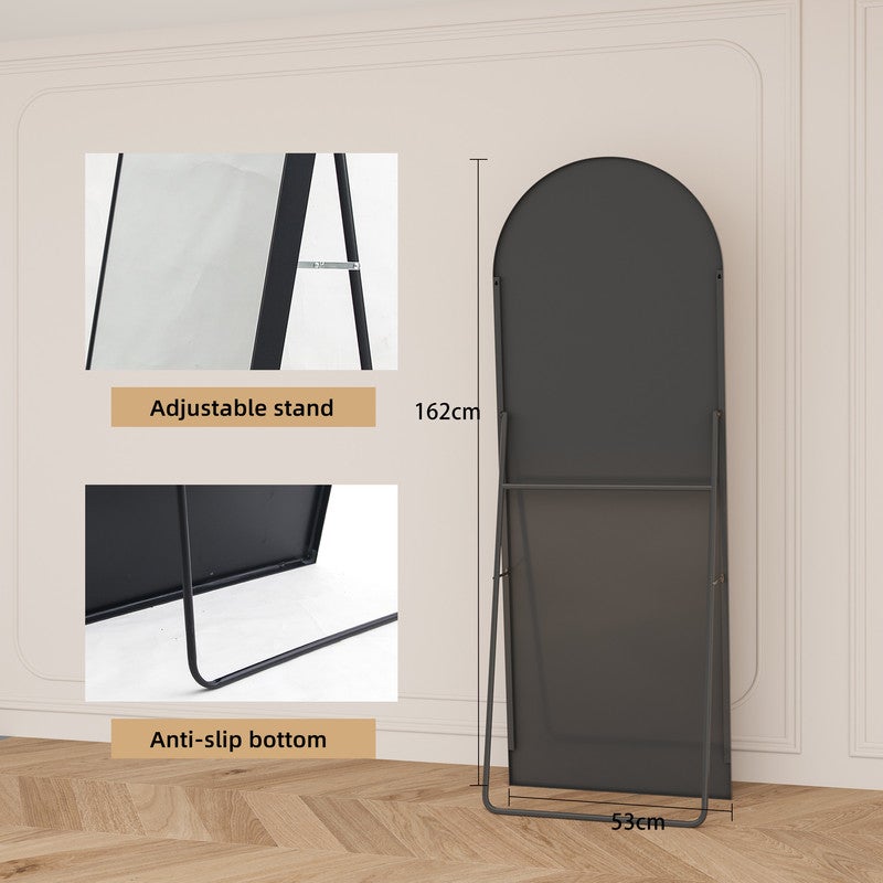 Miroir sur pied, 162x53cm, cadre en alliage d'aluminium, verre trempé, miroir arche, noir - 6