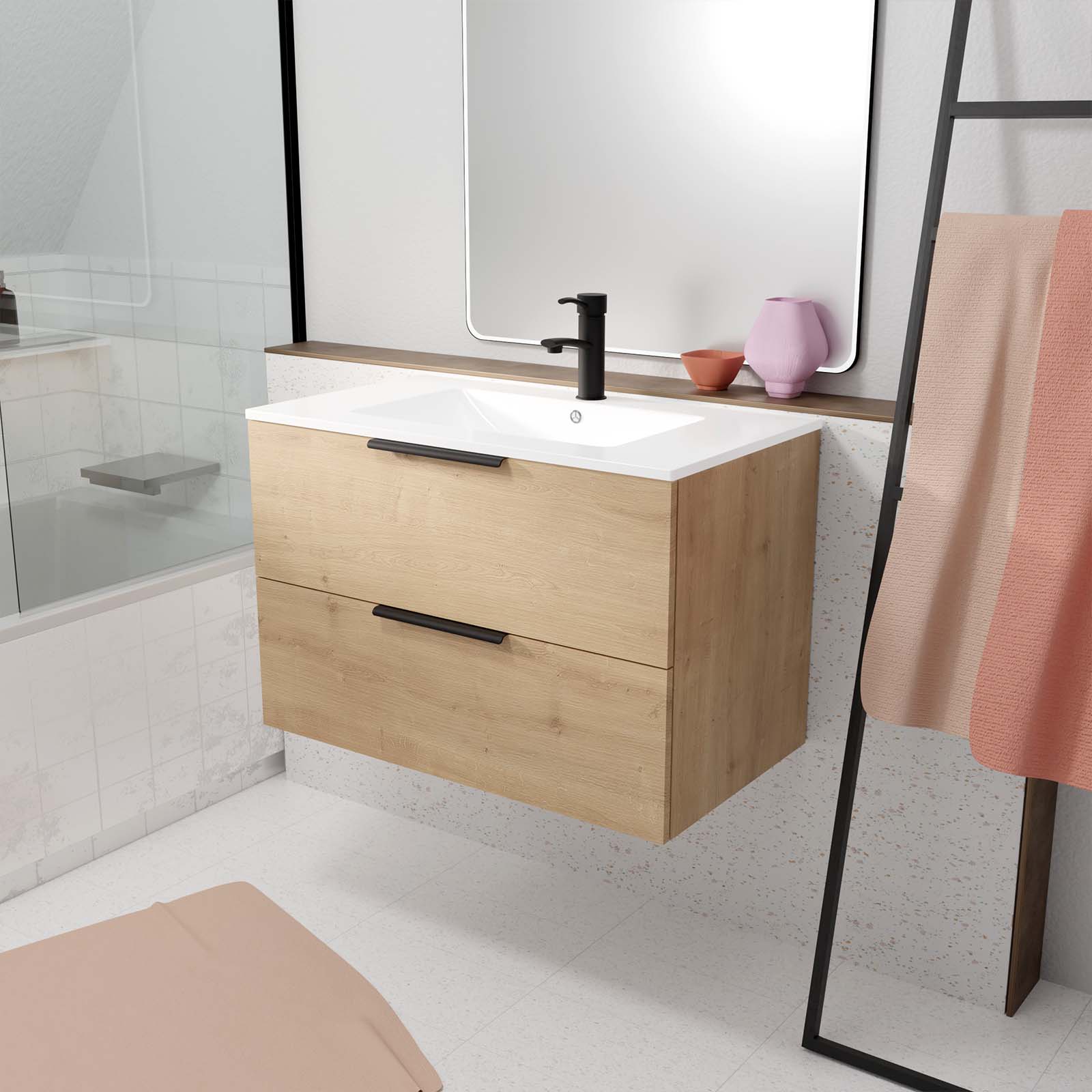 Meuble de Salle de Bains 60cm Suspendu Decor Bois Clair 2 Tiroirs - Vasque Blanche - ELEMENTARY - 9