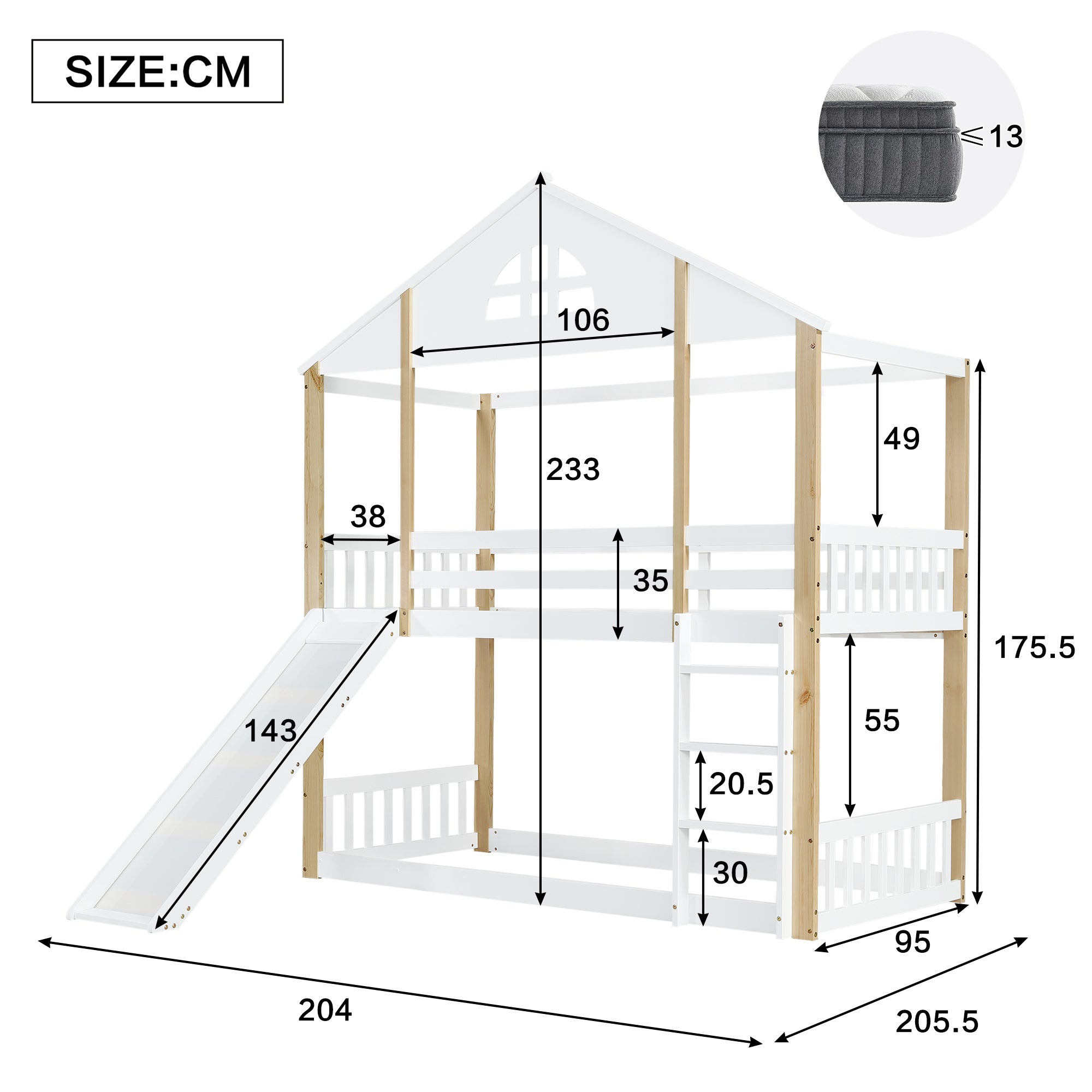 Lit superposé 90 x 200 cm pour enfant, lit mezzanine cabane en bois avec fenêtres et glissière d'angle, toboggan et clôtures (sans matelas) - 3