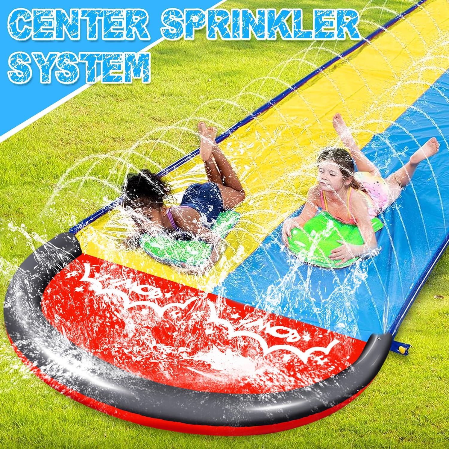 Toboggan aquatique double de 480 cm avec tapis de toboggan, 2 planches gonflables, toboggan de pelouse avec jeux de jardin pour arroseur, l'été - 2