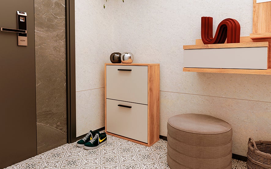Sapateira Estreita com 2 Portas Mauvella Bege – Móvel Compacto para Sapatos 73x54x18 cm – Design Moderno e Funcional para Entrada ou Quarto